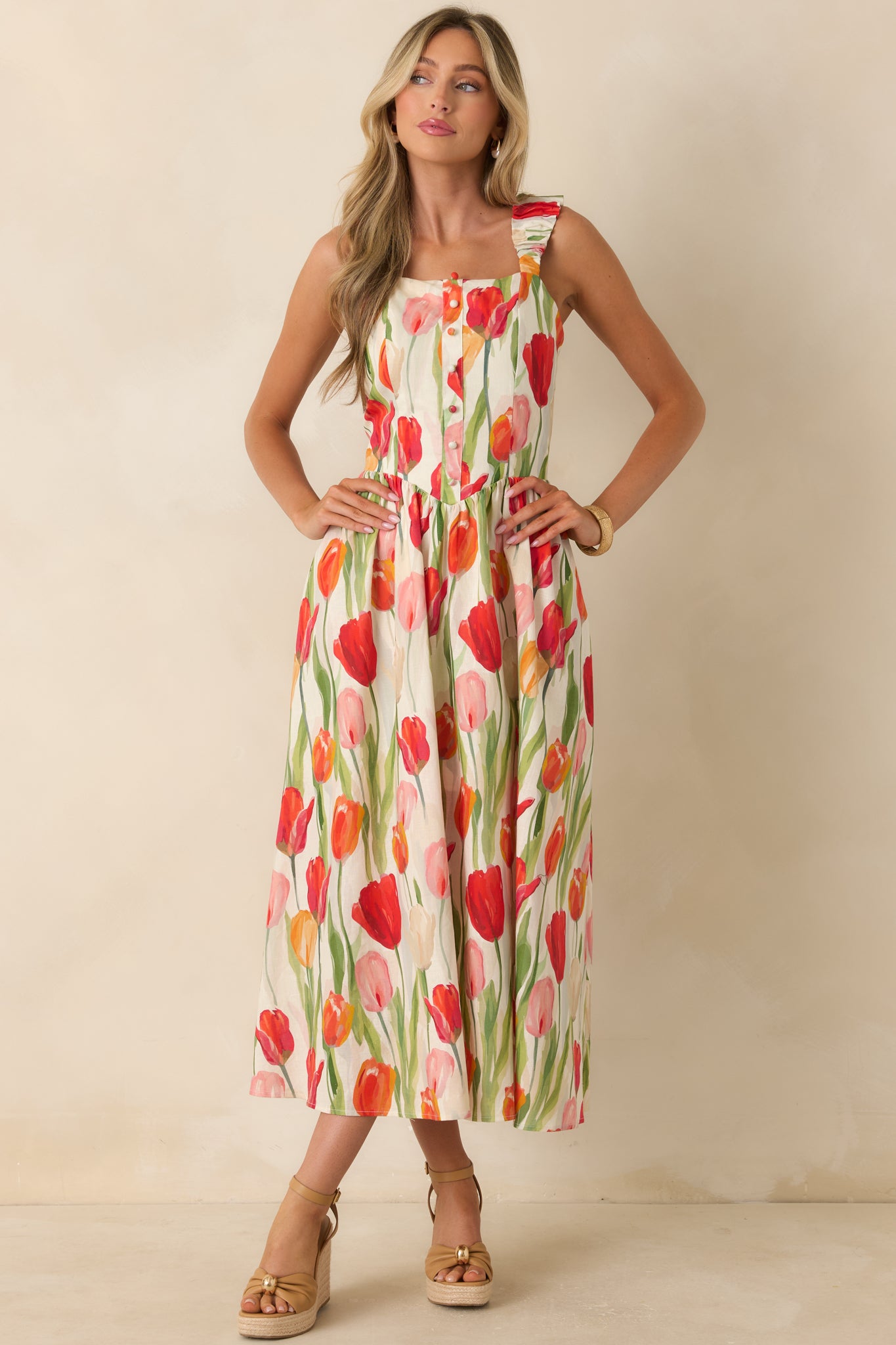 linen midi summer dresses Red Dress | Ivory & Red Linen Blend Floral Midi Dress
