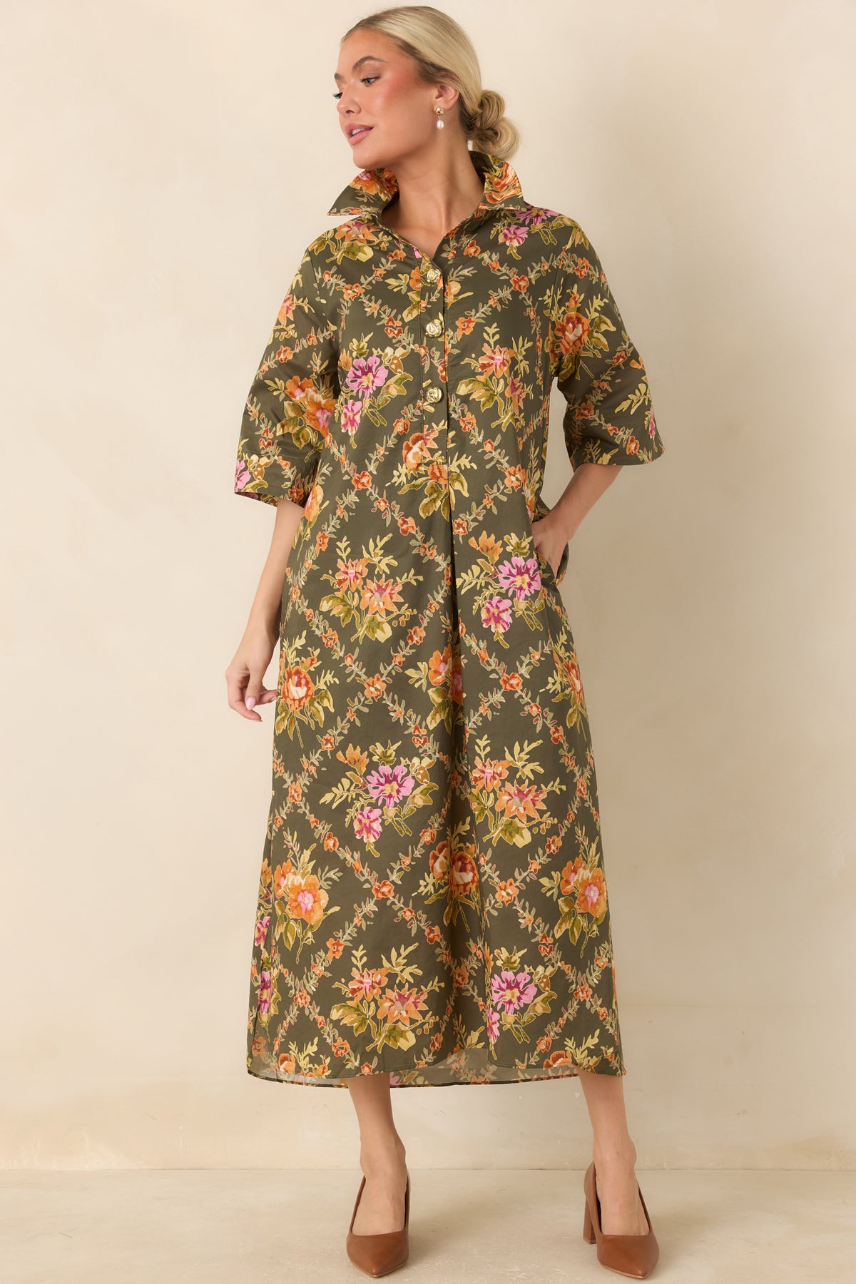 In Such Lovely Company Olive Multi Floral Cotton Midi Shirt Dress