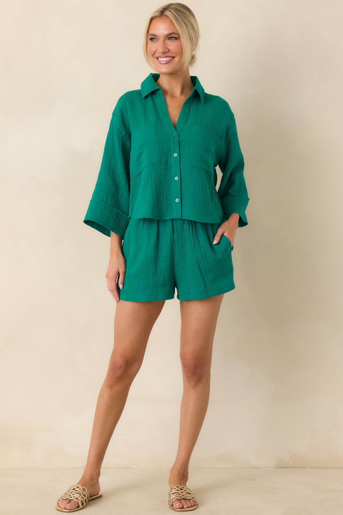 HUMAN MADE GAUZE SHORTS セットアップ Z Supply Daylight Rainforest Green Cotton Gauze Shorts | Red Dress