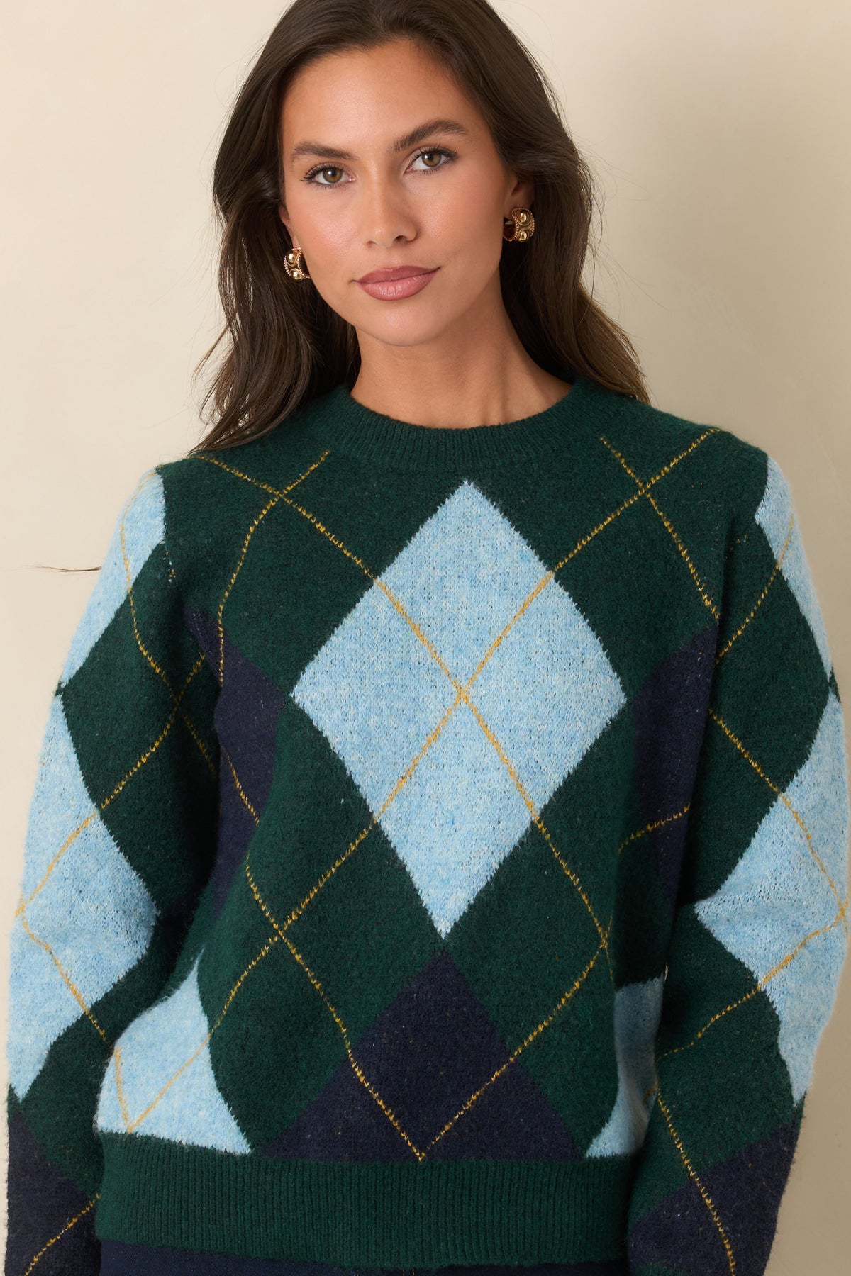 It All Checks Out Hunter Green Multi Argyle Crewneck Sweater