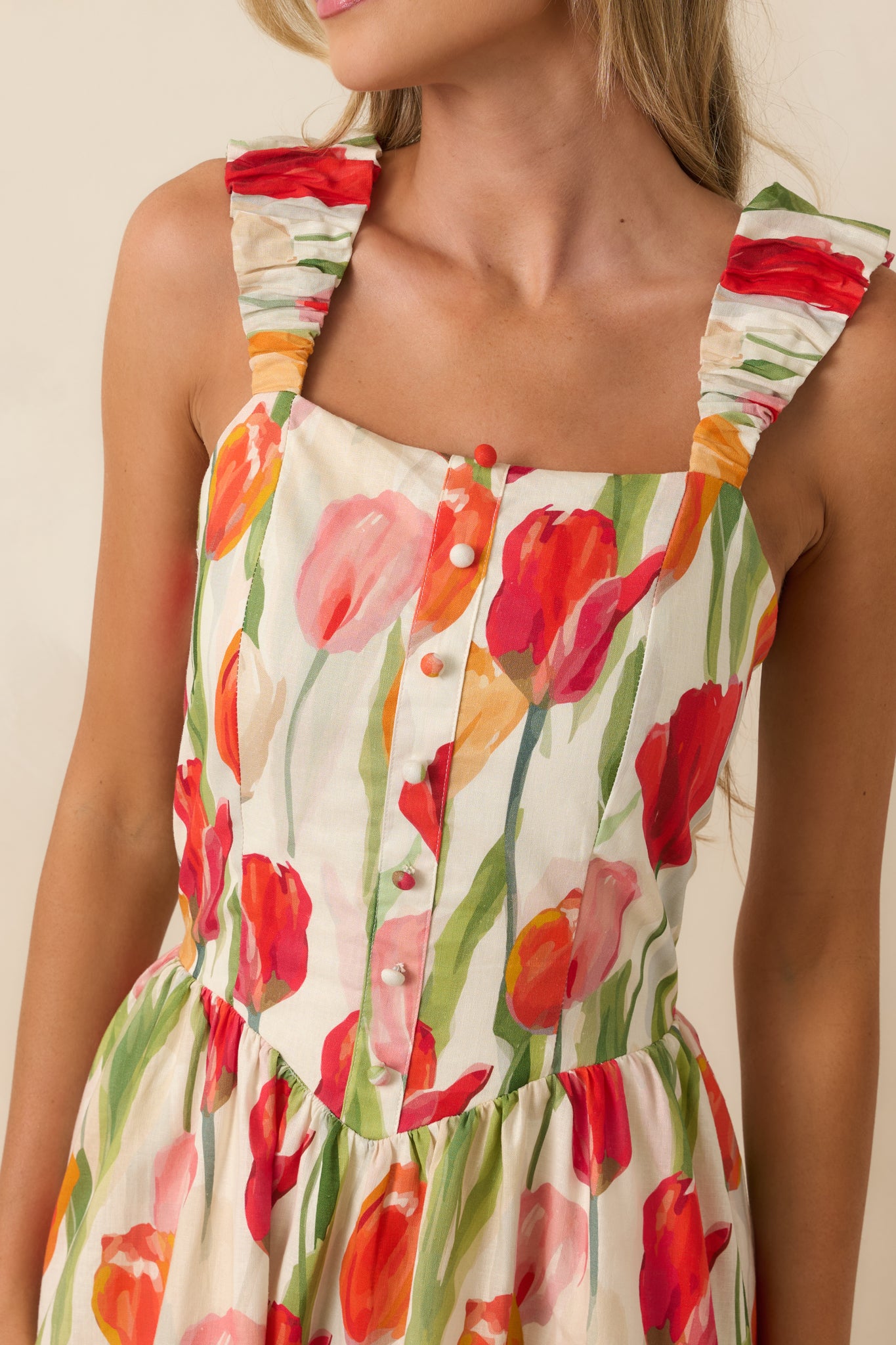 dress forum linen blend floral midi dress Red Dress | Ivory & Red Linen Blend Floral Midi Dress