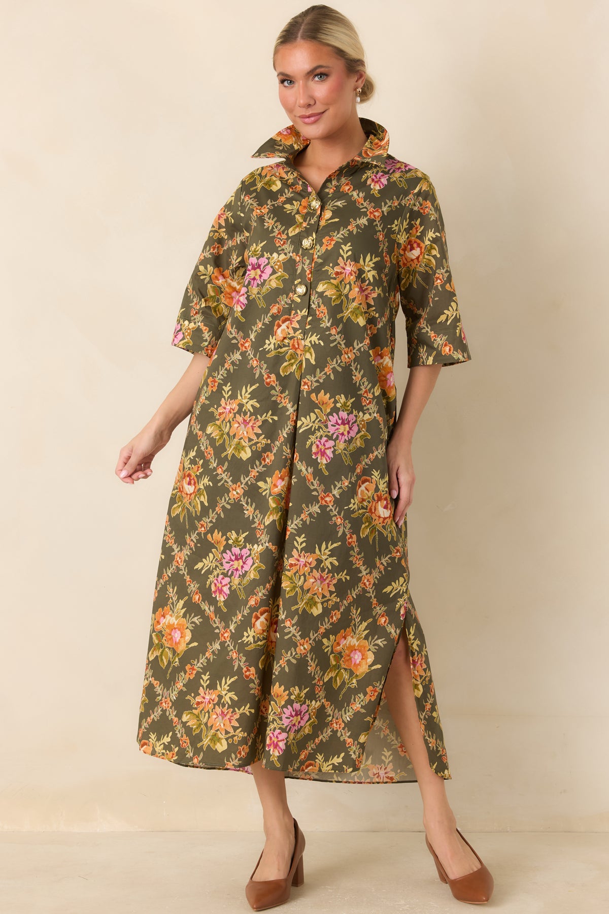 In Such Lovely Company Olive Multi Floral Cotton Midi Shirt Dress