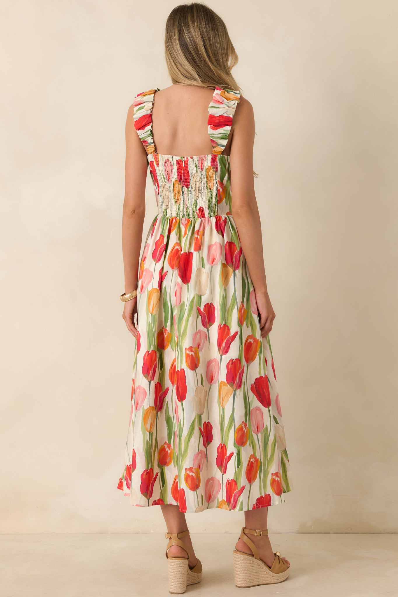 calico floral midi dress Red Dress | Ivory & Red Linen Blend Floral Midi Dress