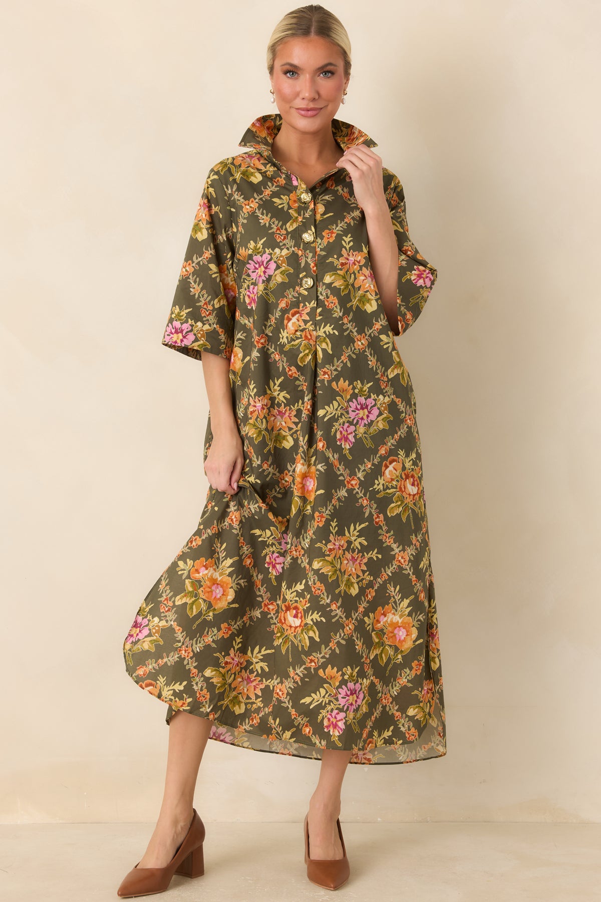 In Such Lovely Company Olive Multi Floral Cotton Midi Shirt Dress