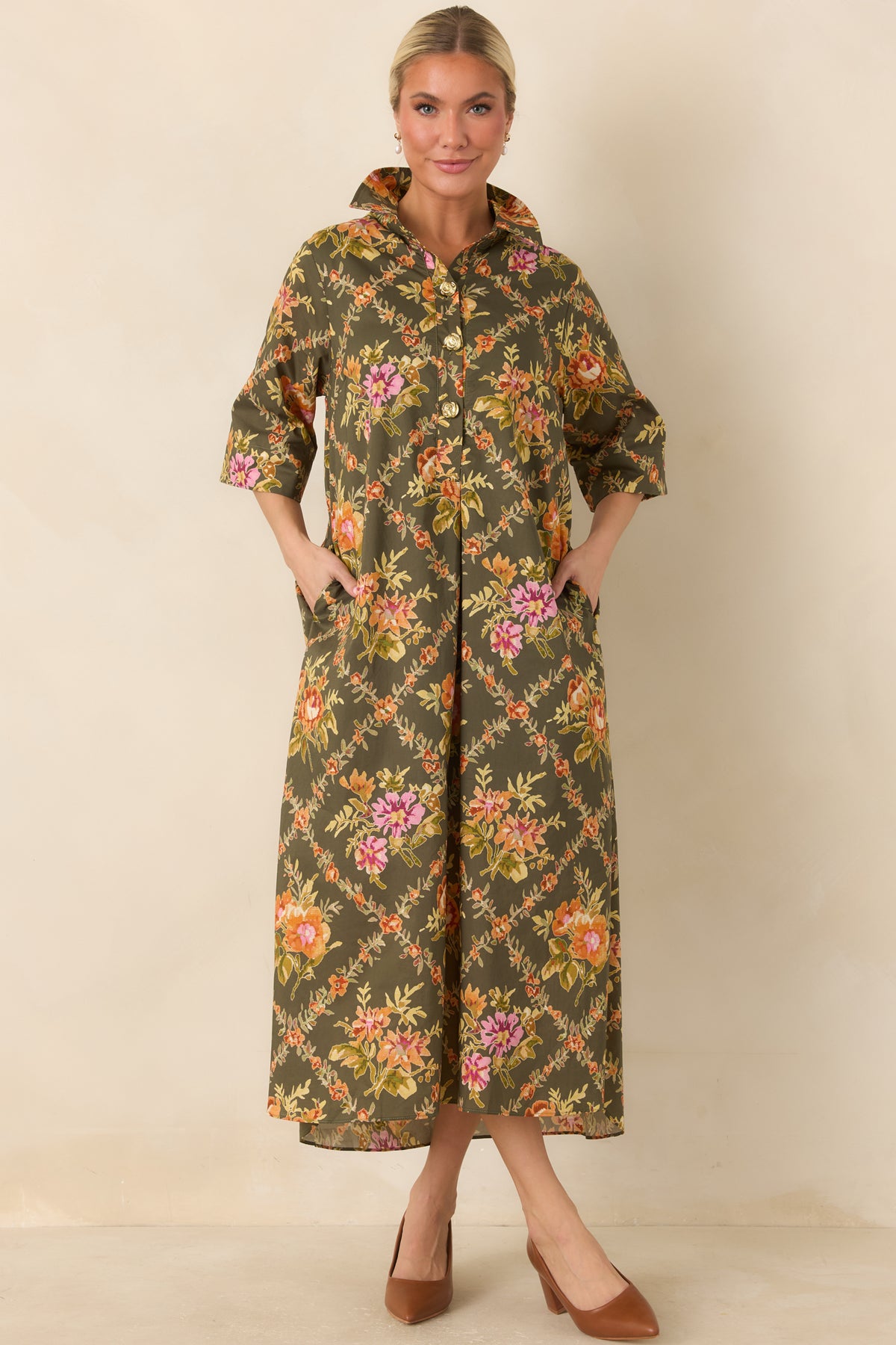 In Such Lovely Company Olive Multi Floral Cotton Midi Shirt Dress