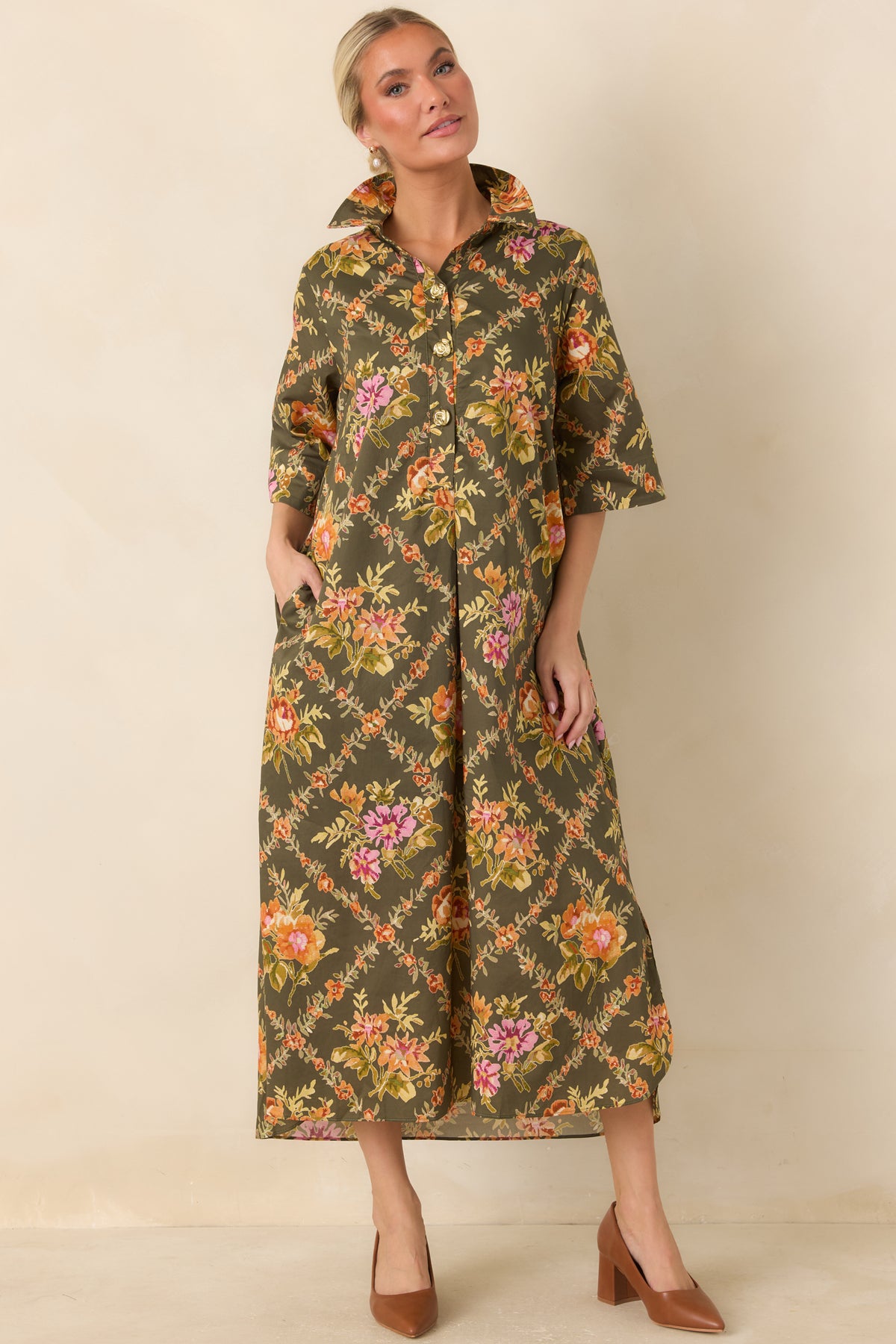 In Such Lovely Company Olive Multi Floral Cotton Midi Shirt Dress