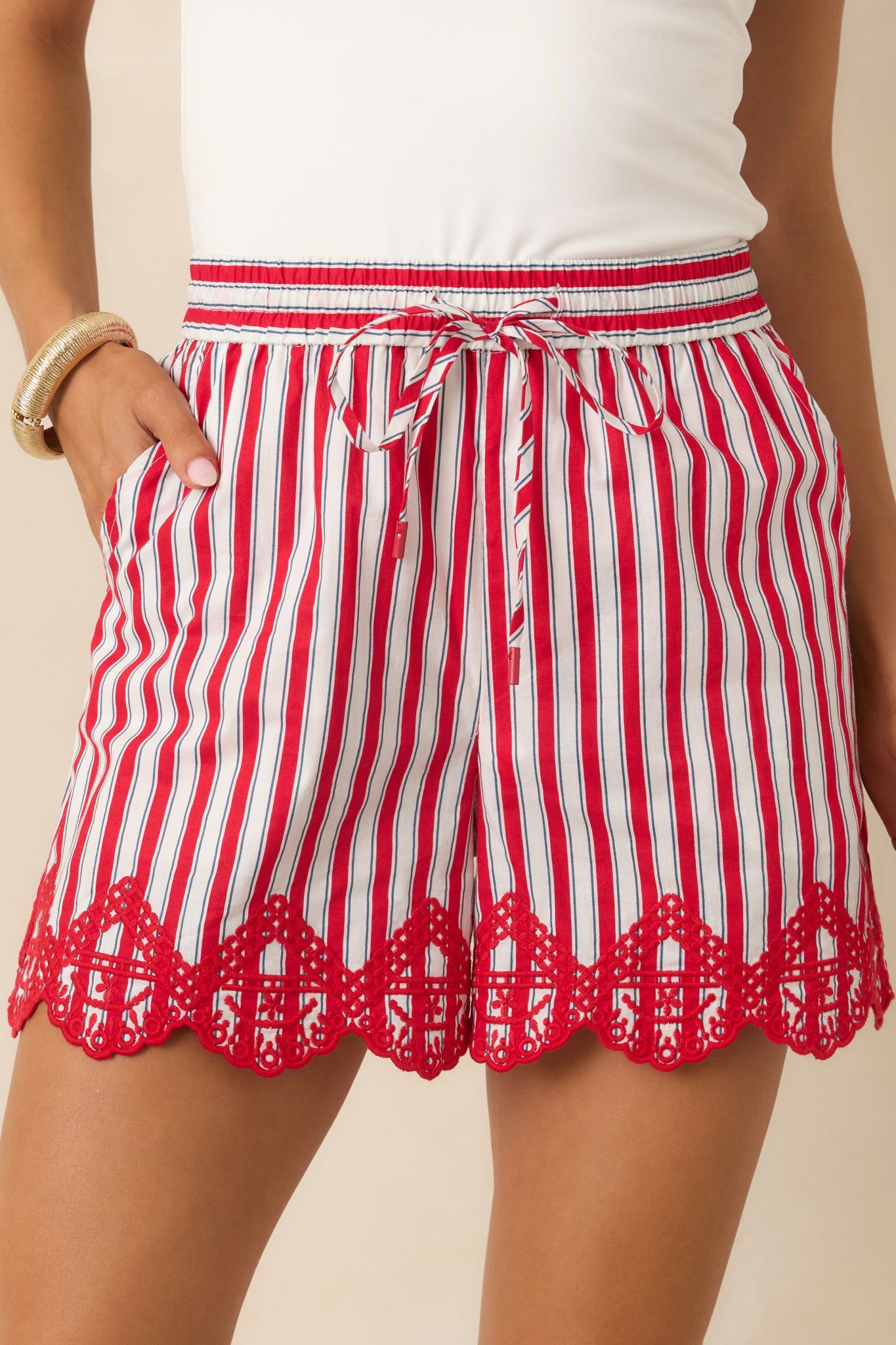Red Dress | Red Multi Stripe Cotton Embroidered Shorts - All Bottoms