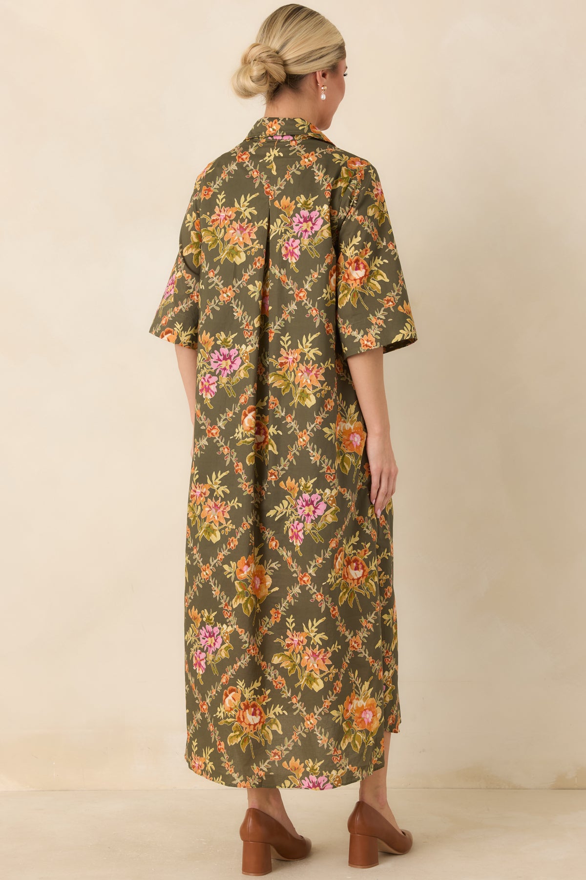 In Such Lovely Company Olive Multi Floral Cotton Midi Shirt Dress