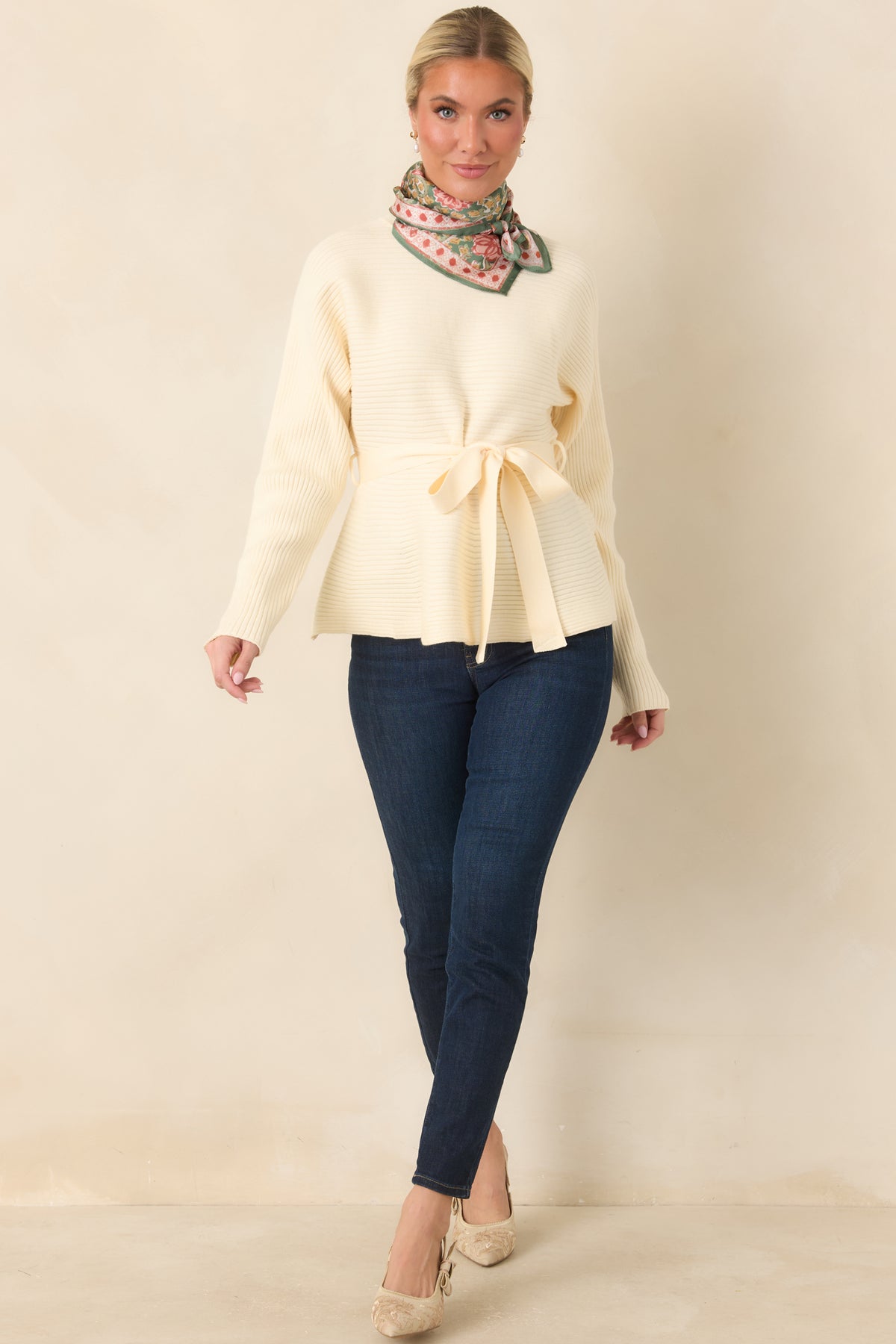 Consider It a Compliment Ecru Tie Waist Mock Neck Sweater