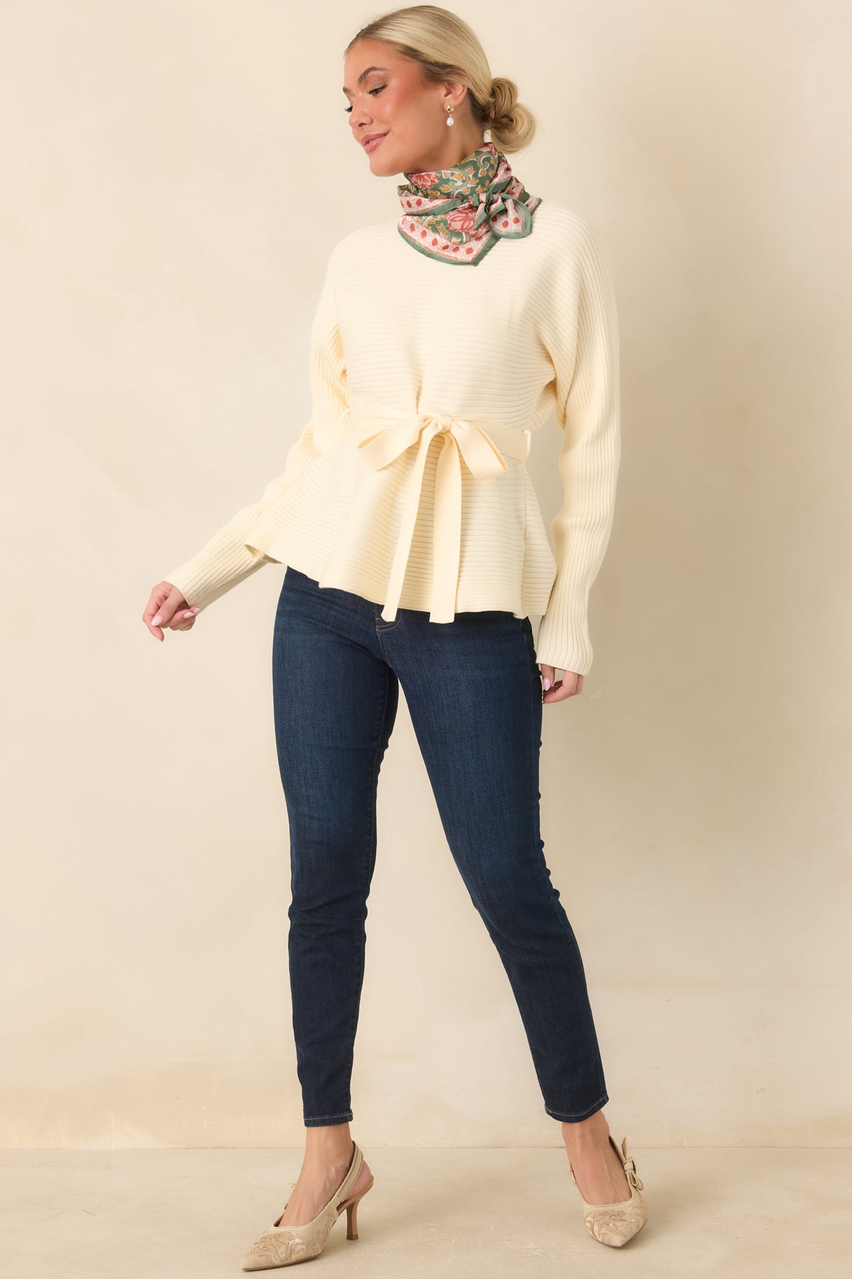 Consider It a Compliment Ecru Tie Waist Mock Neck Sweater