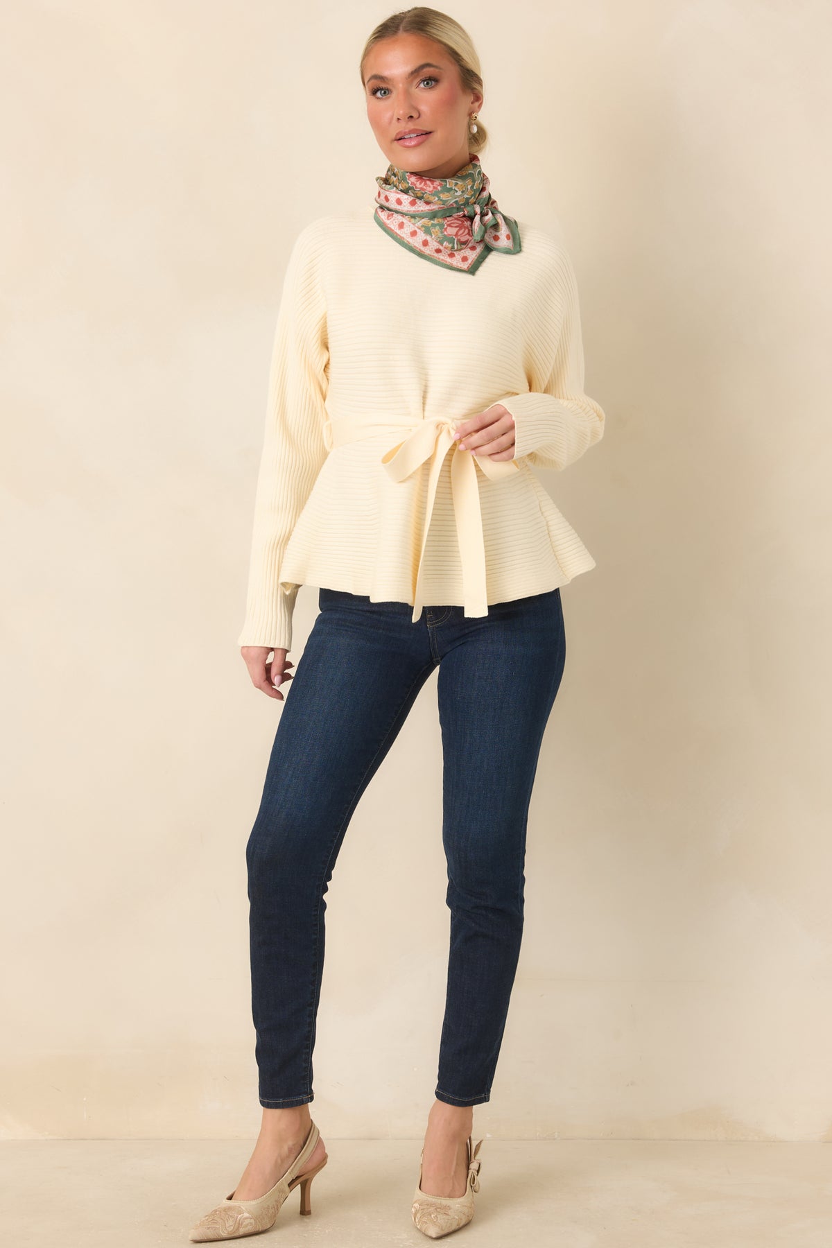 Consider It a Compliment Ecru Tie Waist Mock Neck Sweater