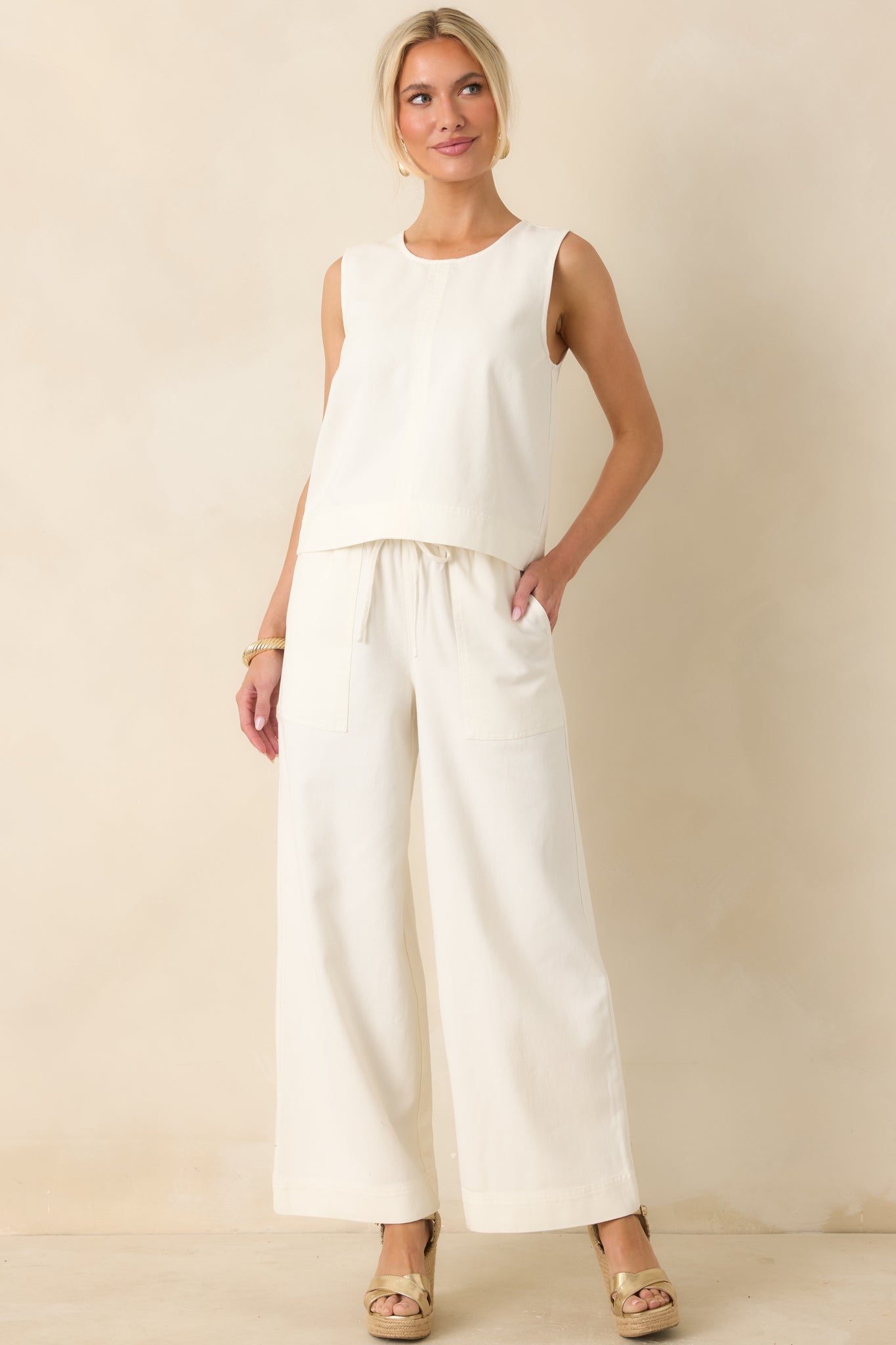 Front view highlighting the elastic waistband with adjustable drawstring tie and soft, breathable structure.