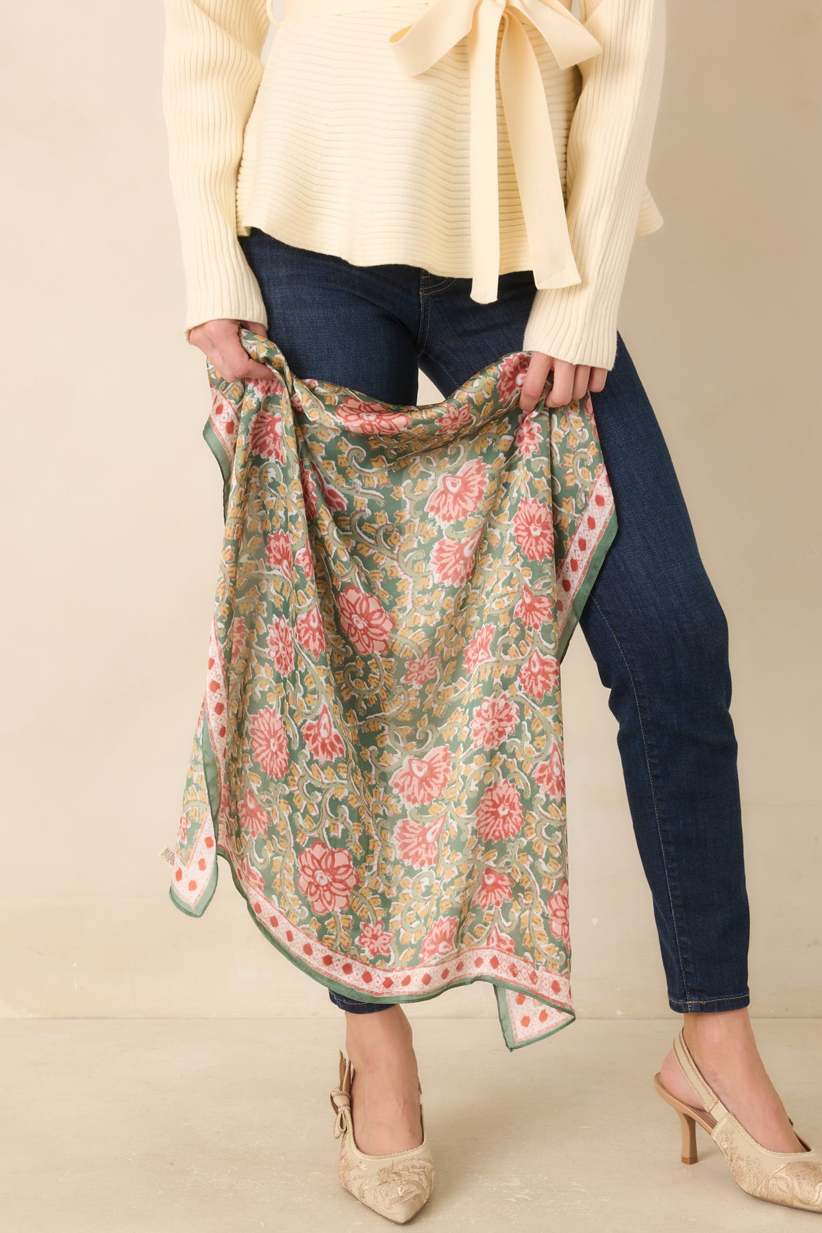 As the Story Goes Green Multi Floral Scroll Print Scarf