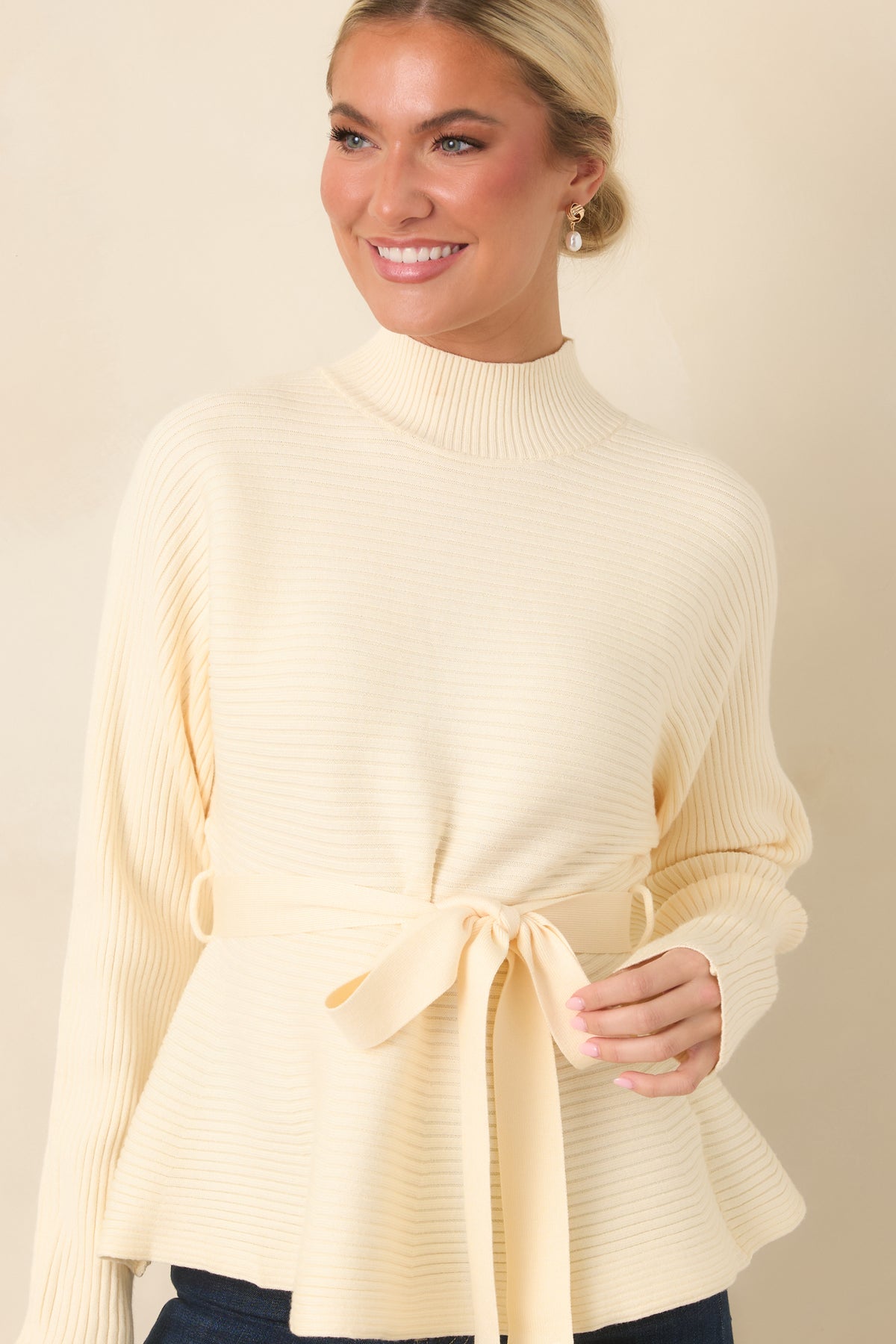 Consider It a Compliment Ecru Tie Waist Mock Neck Sweater