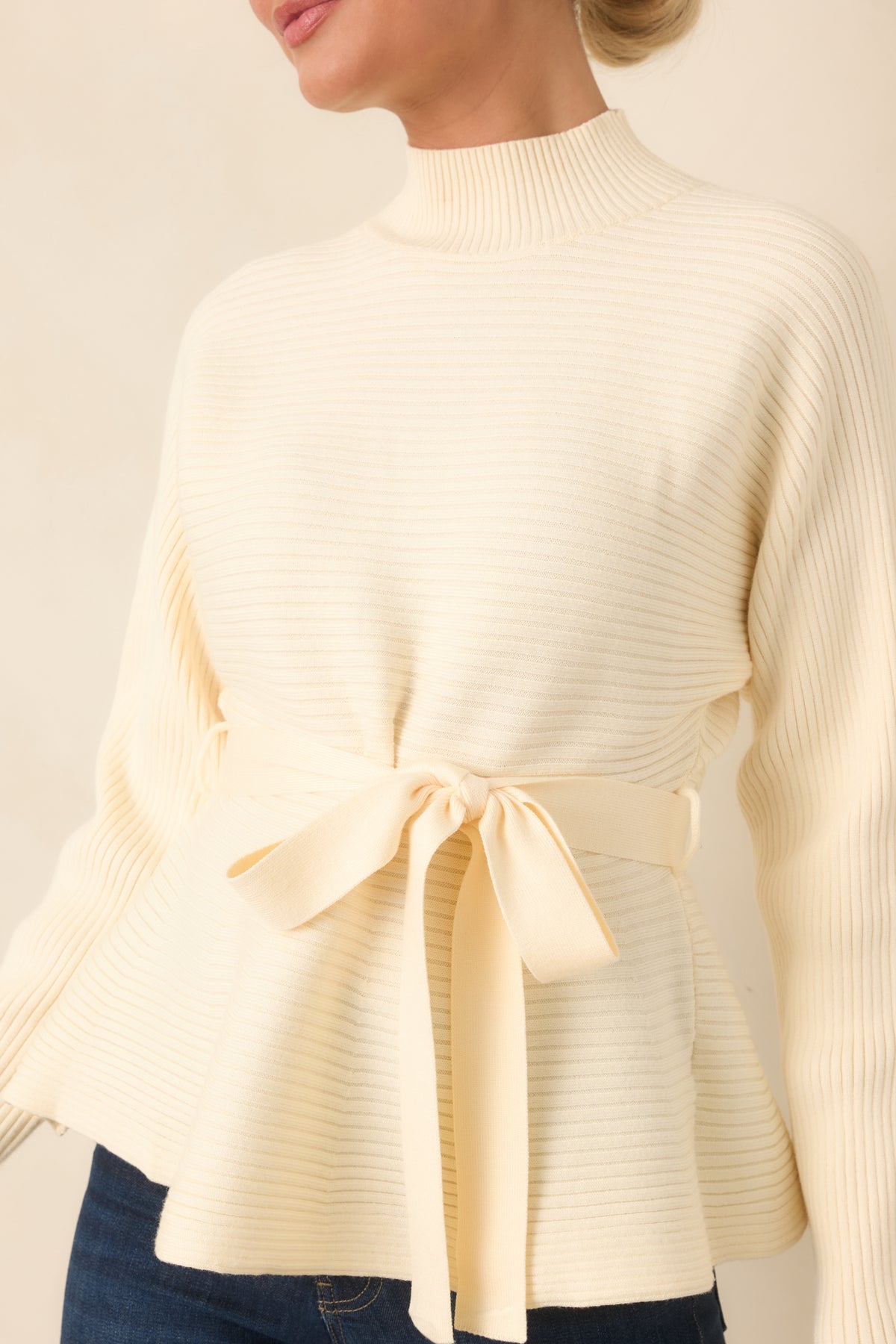 Consider It a Compliment Ecru Tie Waist Mock Neck Sweater
