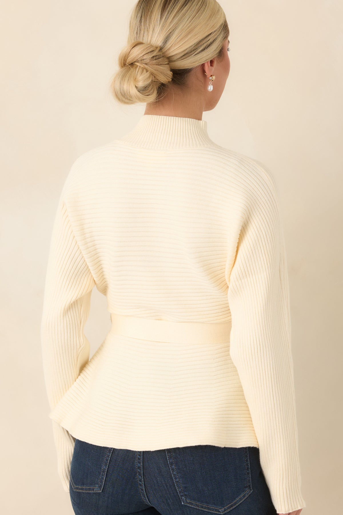 Consider It a Compliment Ecru Tie Waist Mock Neck Sweater