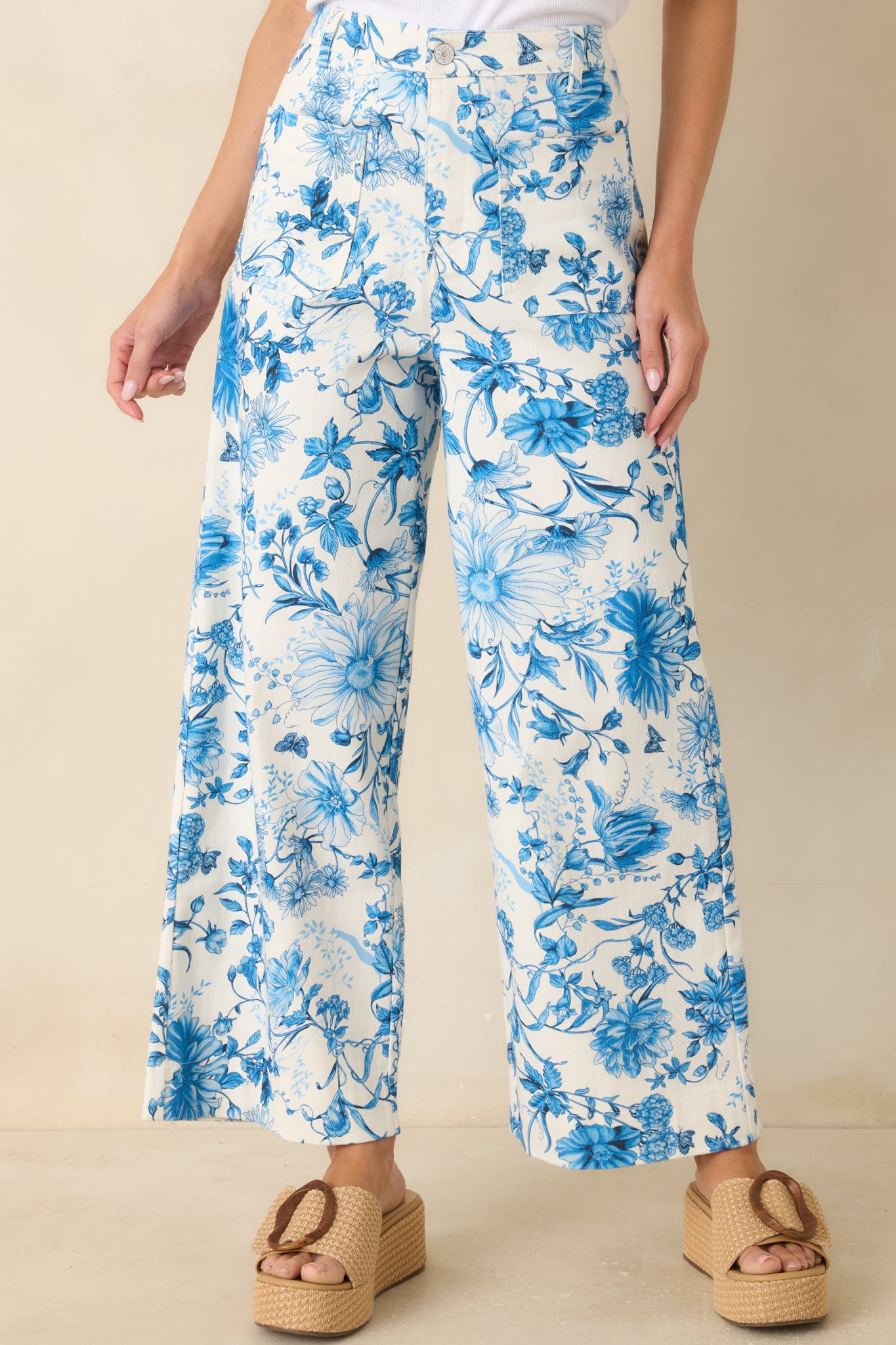 Partial view of straight wide leg silhouette with relaxed tailored shape.