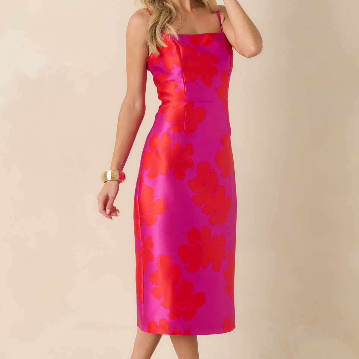 Women's Make an Entrance Fuchsia & Red Floral Jacquard Midi Dress | Size: S