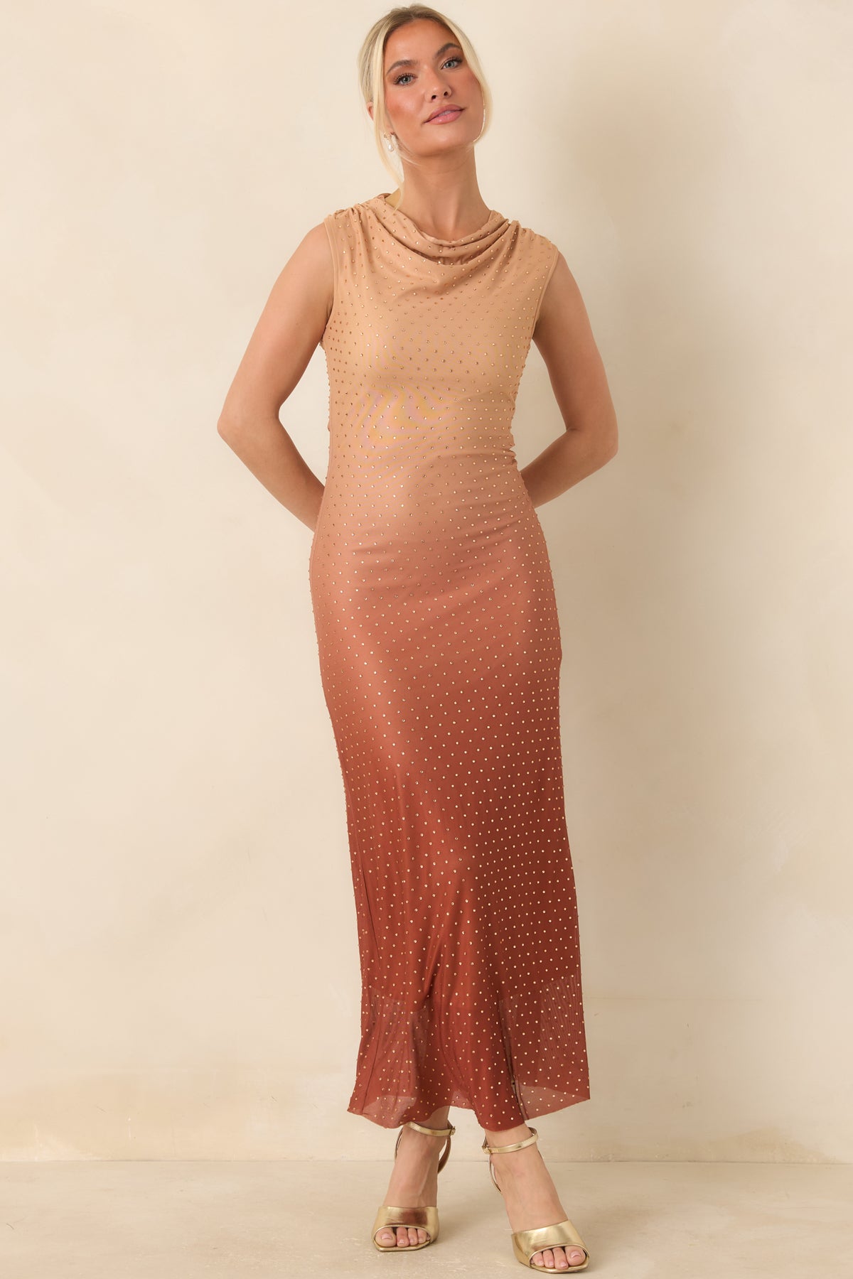 In the Last Light Rust Ombré Rhinestone Maxi Dress