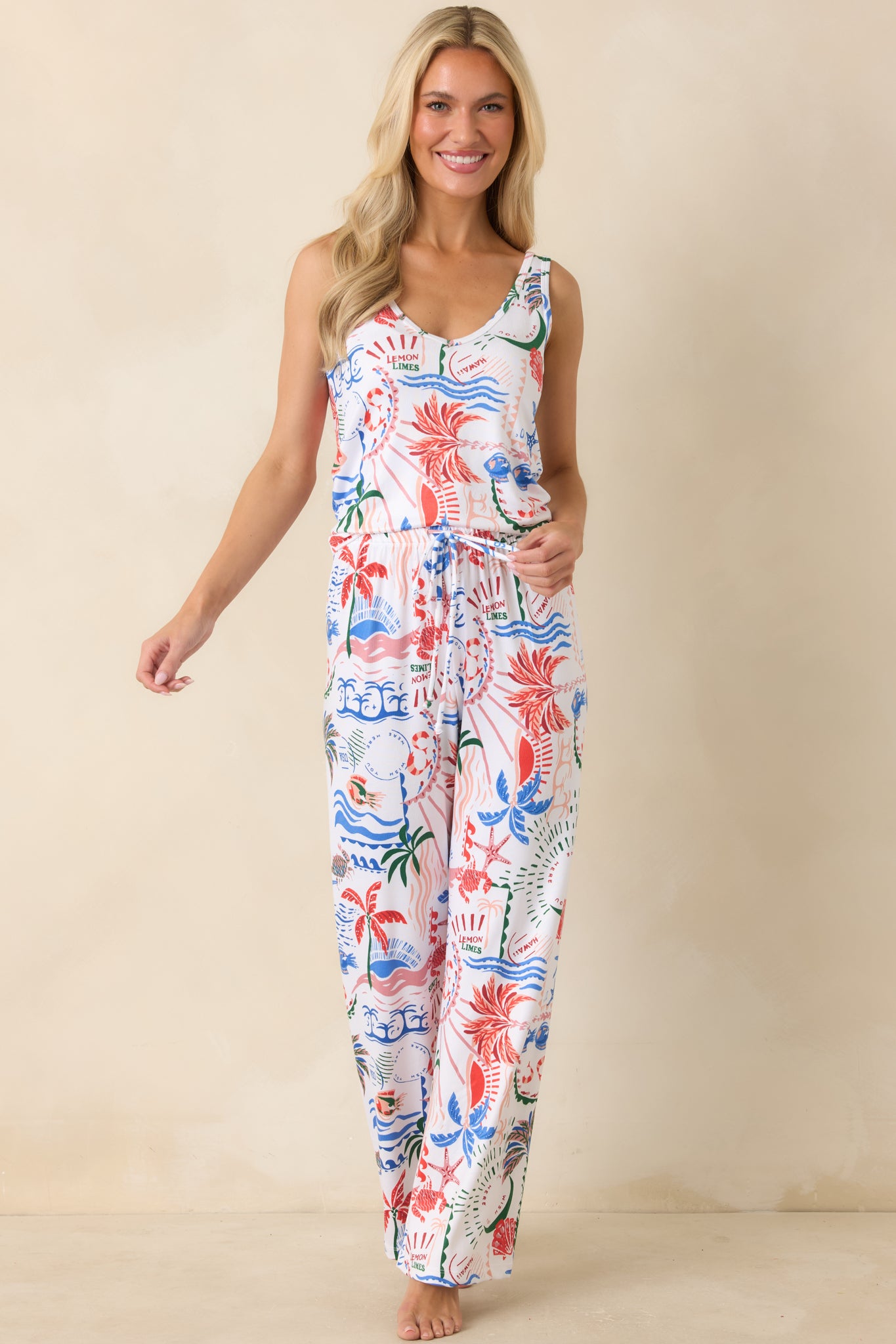 Front-facing view emphasizing the relaxed lounge fit and airy fabric designed for all-day comfort and casual wear.