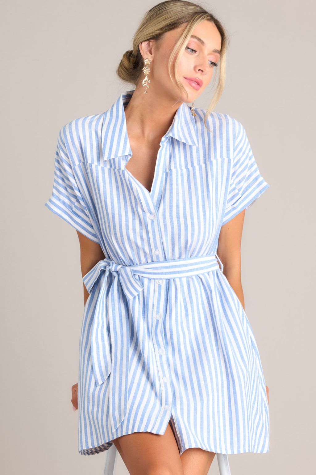 Blue & White Stripe Button Front Mini Dress - All Dresses
