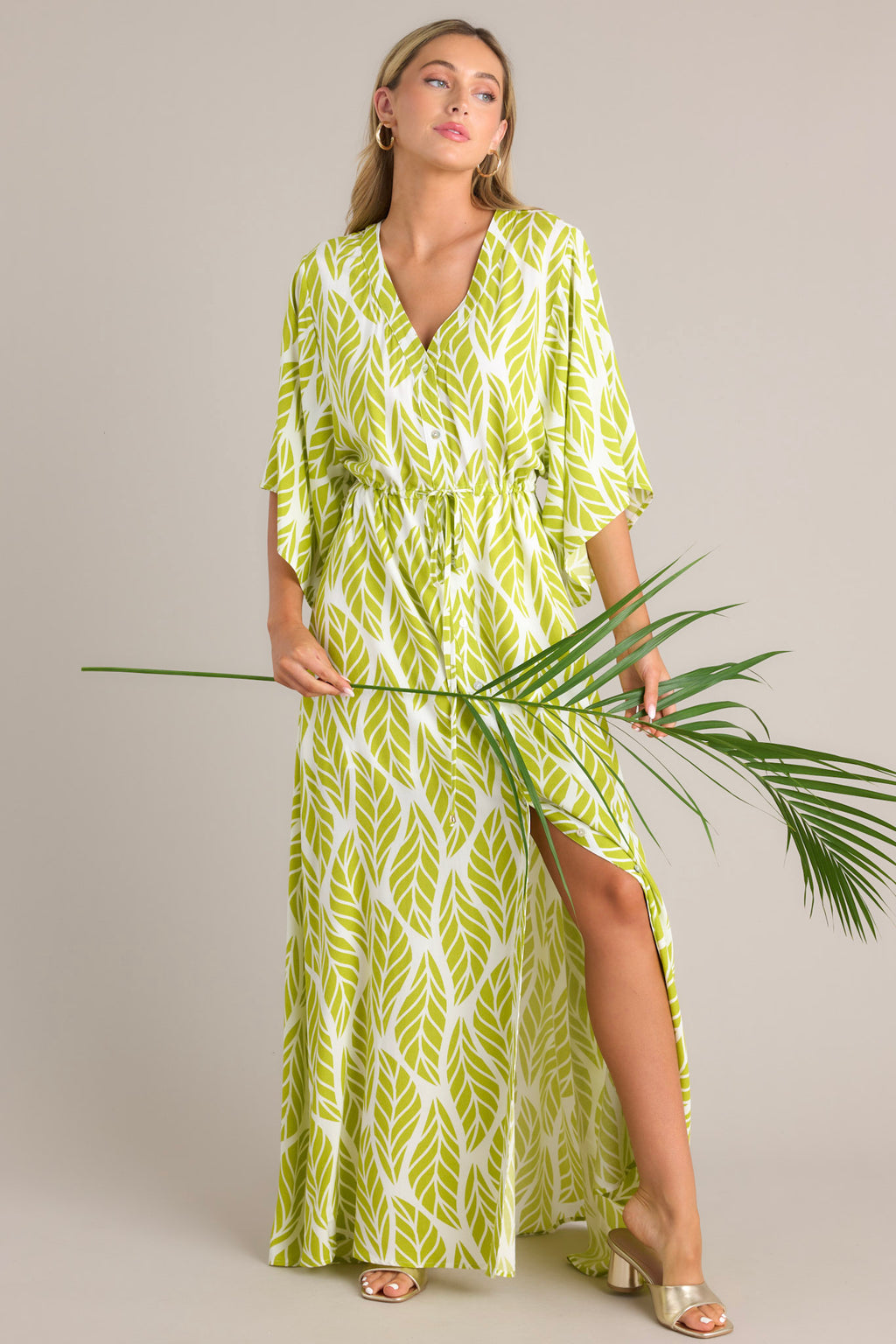 Sunset Palms Lime Green Tropical Print Button Front Maxi Dress