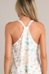 Back view of this tank with v-neckline, thin straps, button front, and super soft fabric.