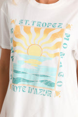 Close up view of this tee with a crew neckline, washed graphic, and a relaxed fit.