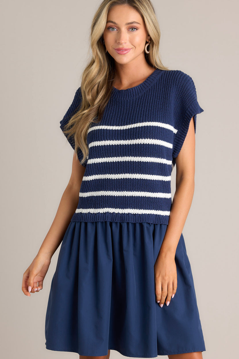 1212077 Navy Blue Striped Sweater Dress