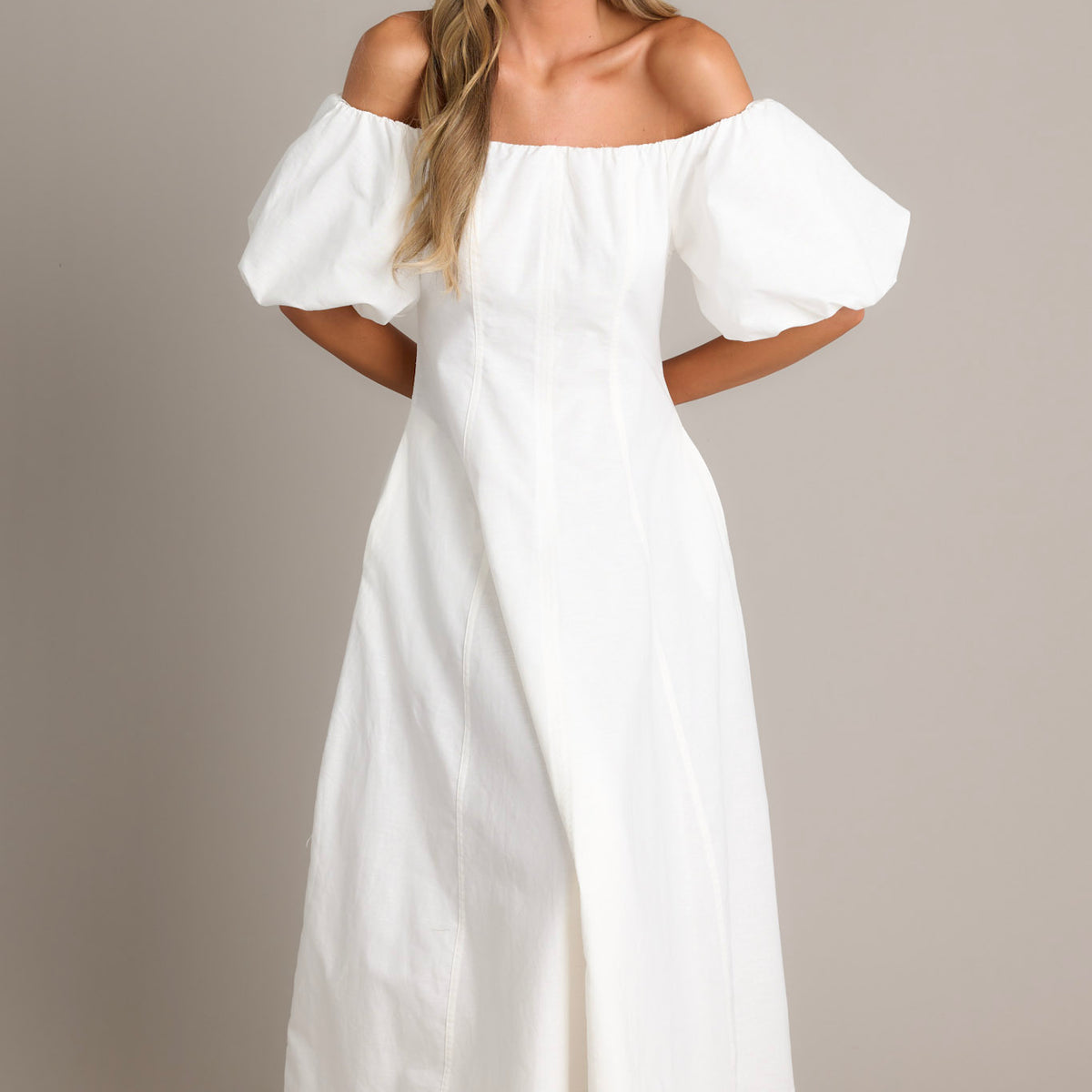 Linen Blend White Off Shoulder Midi Dress - All Dresses | Red Dress Linen Blend White Off Shoulder Midi Dress - All Dresses | Red Dress