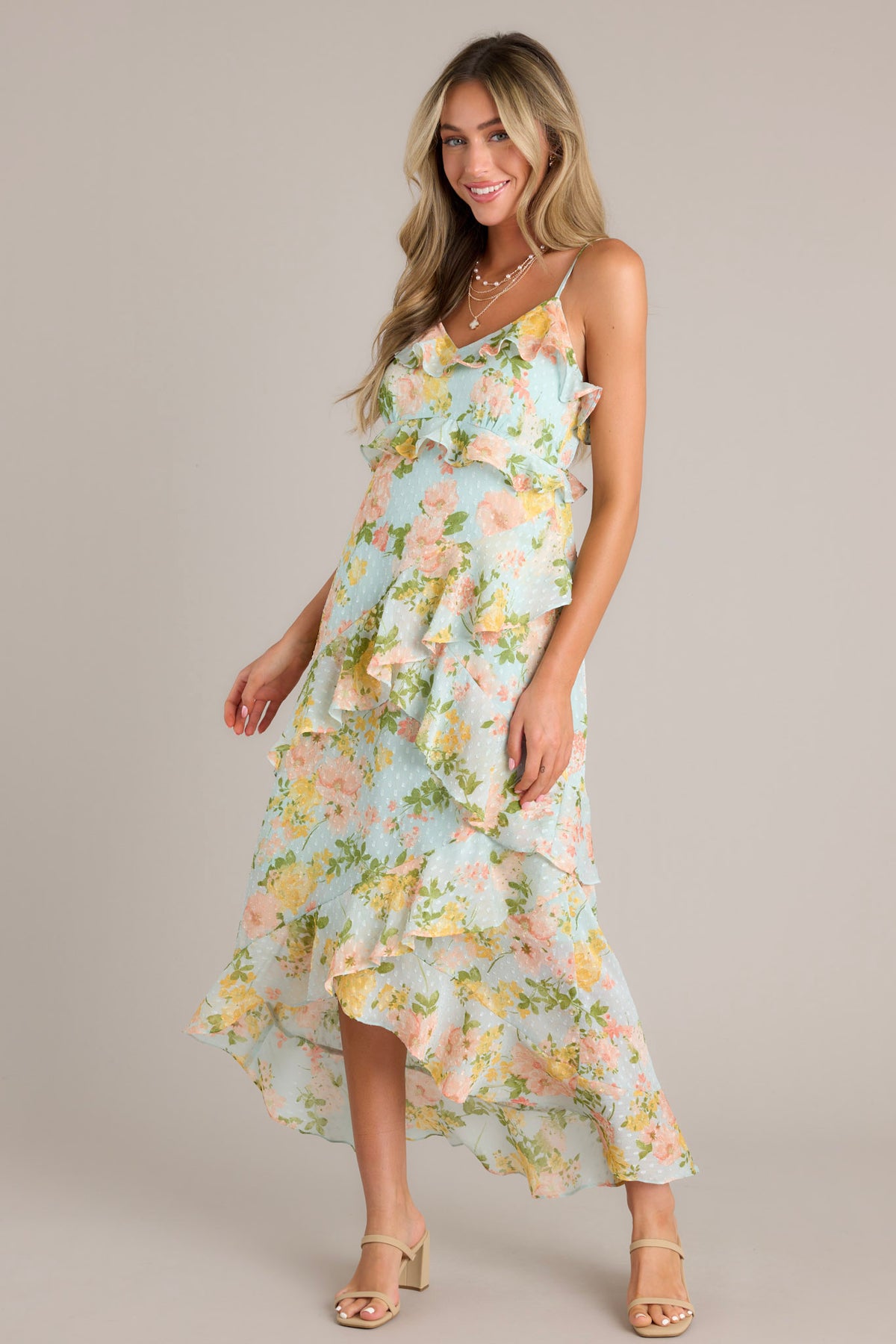 RUFFLE FLOWER-EMBELLISHED MIDI DRESS IN BLUE