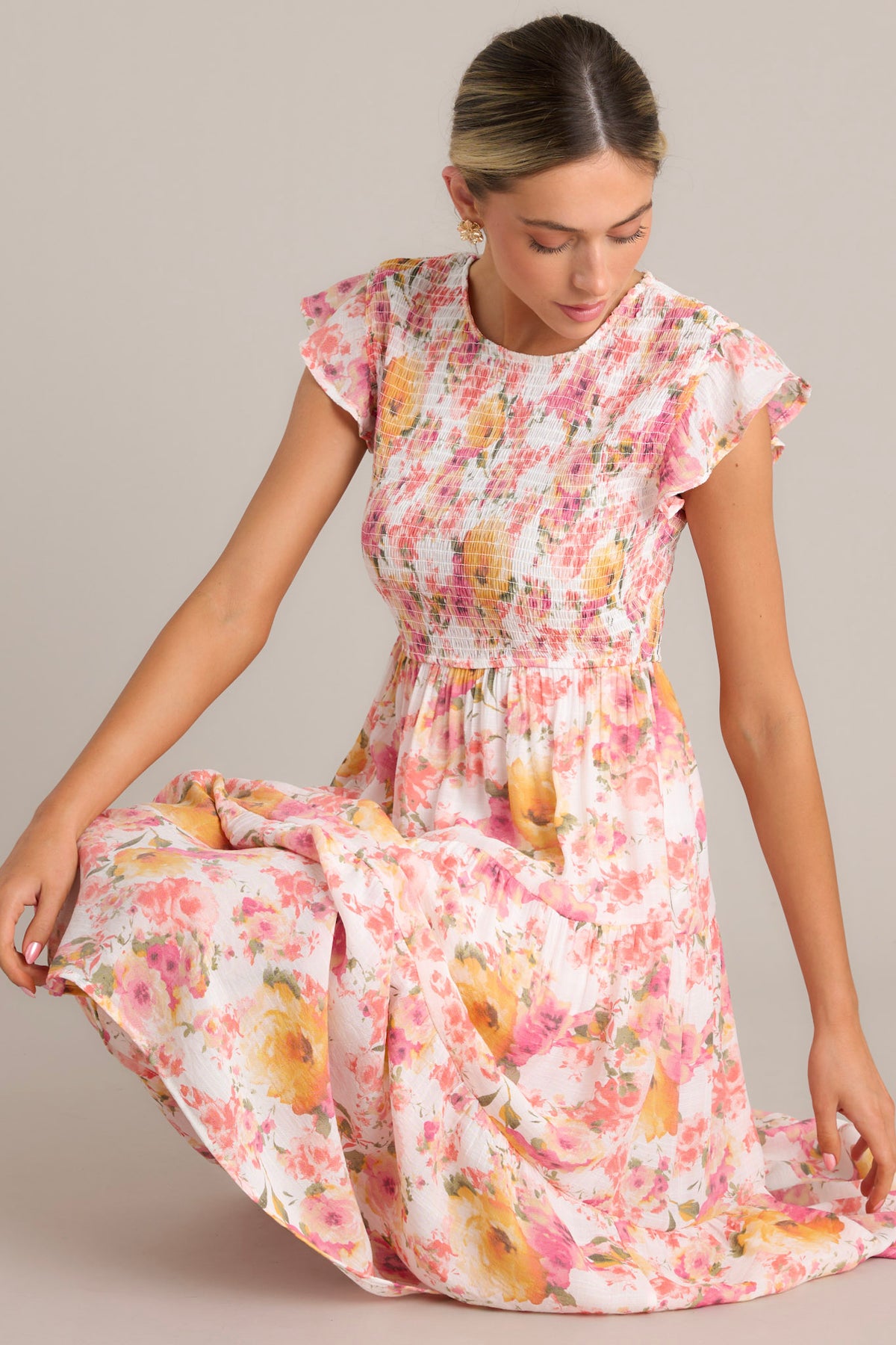 Floral Print Smocked Back Midi Dress
