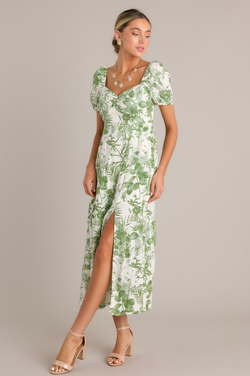 Green Floral Short Sleeve Midi Dress - All Dresses | Red Dress Green Floral Short Sleeve Midi Dress - All Dresses | Red Dress