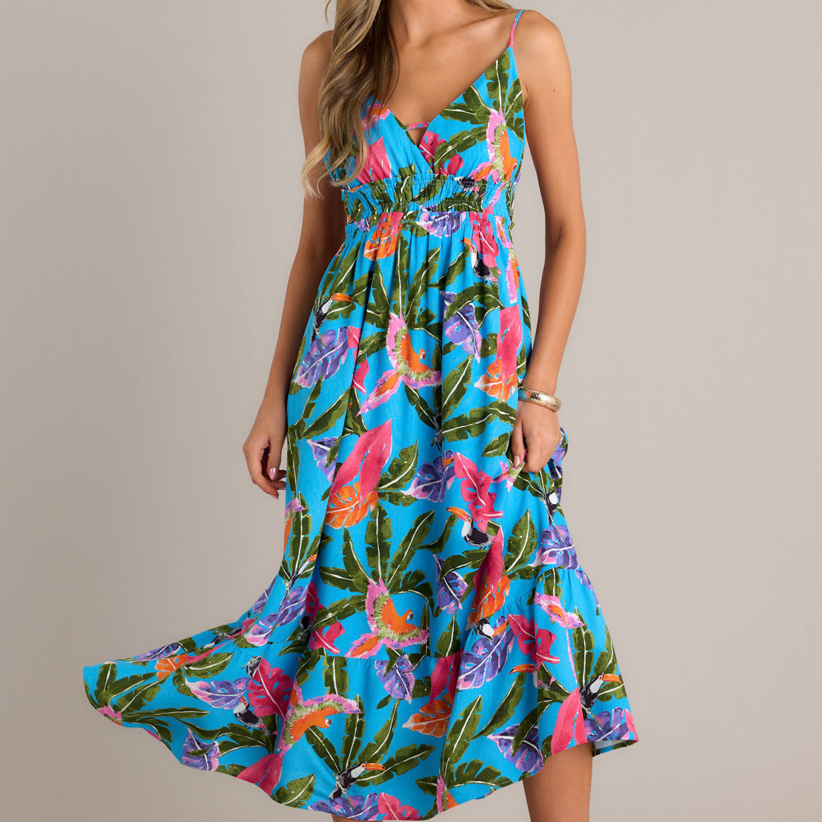 colorful summer midi dress Blue Tropical Print Linen Blend Midi Dress - All Dresses
