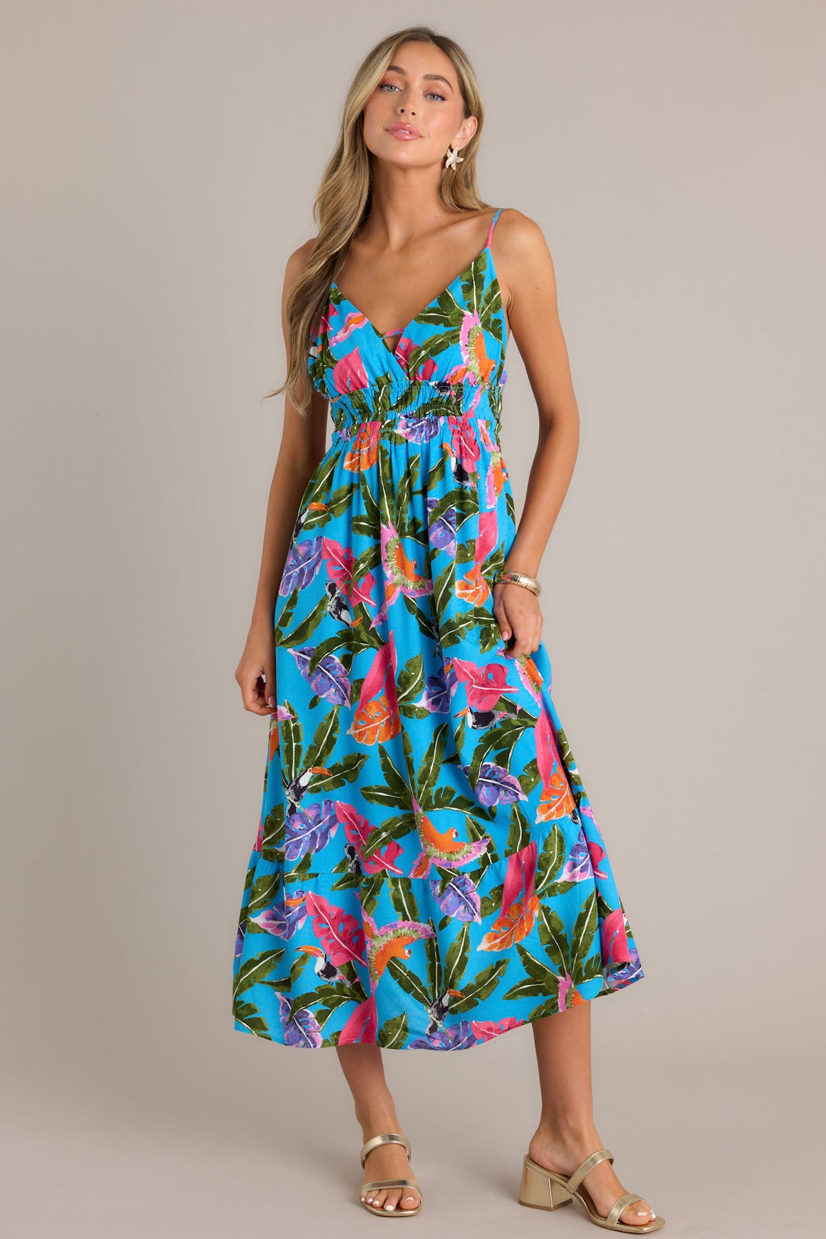 Blue Tropical Print Linen Blend Midi Dress All Dresses Red Dress — free download
