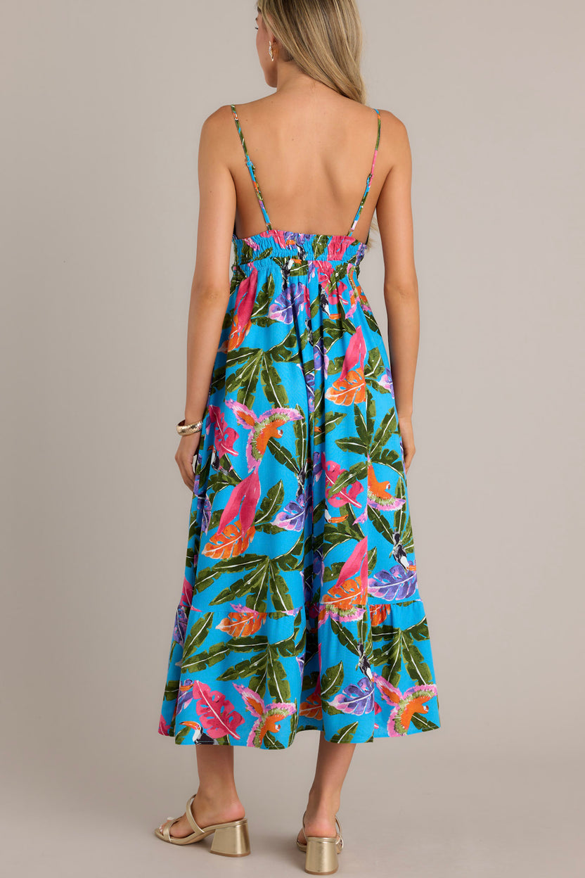 Black Tropical Print Boho Midi Dress