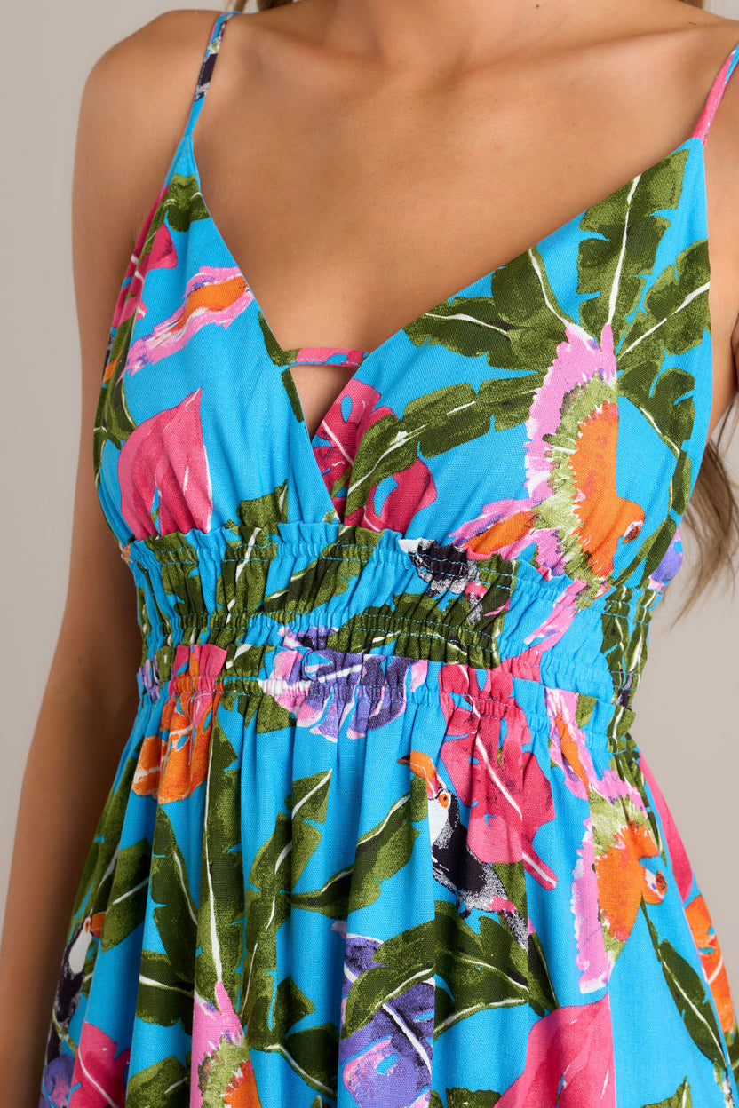 Tropical Print Shirred Midi Dress