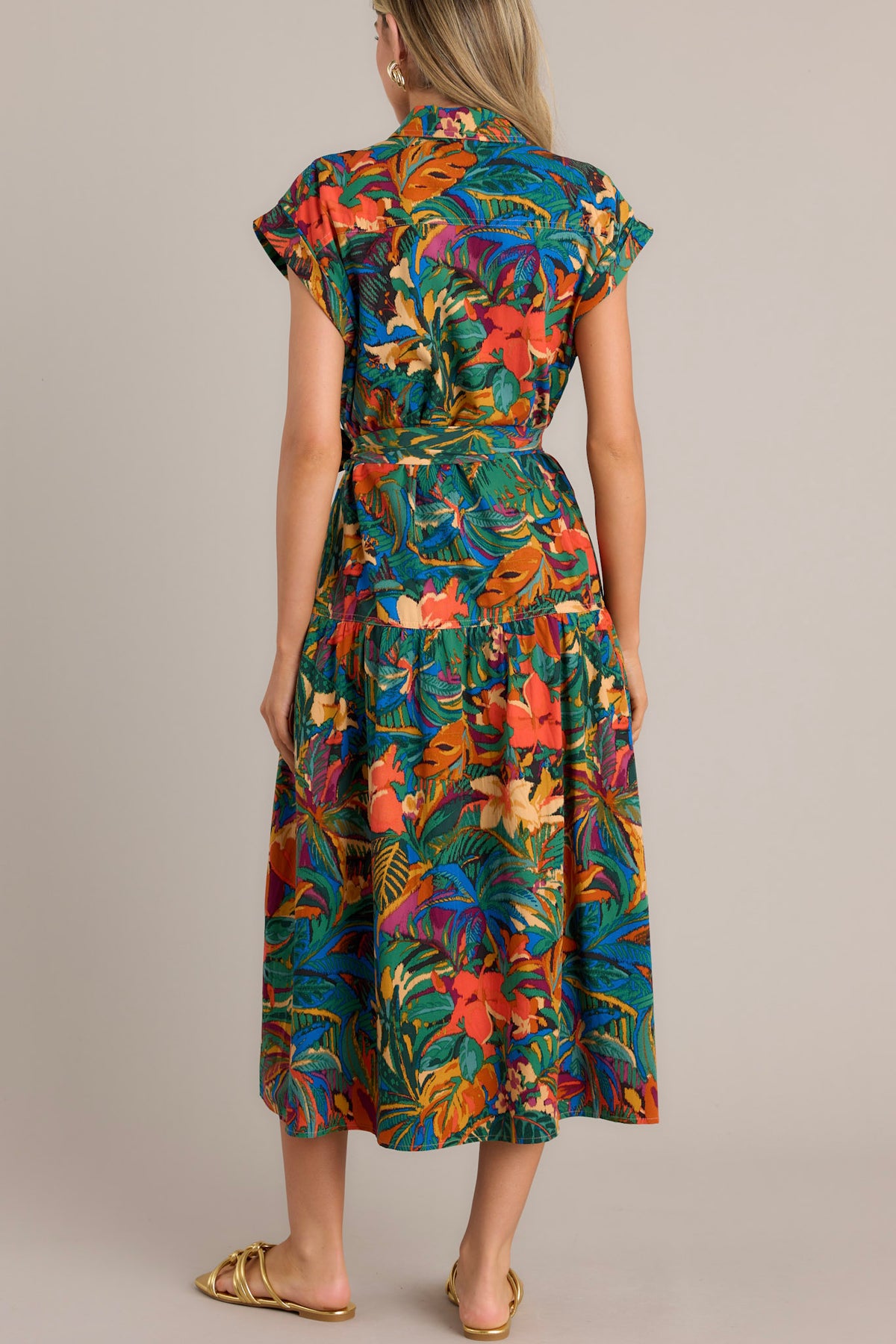 Botanical Print Button-Front Midi Dress with Contrast Striped Trim main image 0