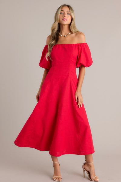 red off shoulder ruffle dress Rossi Off-Shoulder Double Ruffle Dress Red