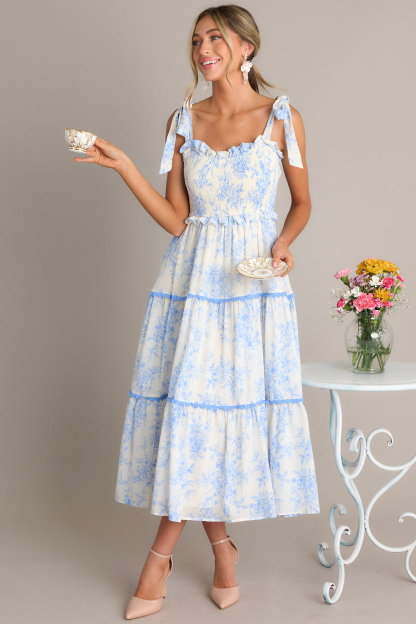 Light Blue Floral Tiered Midi Dress