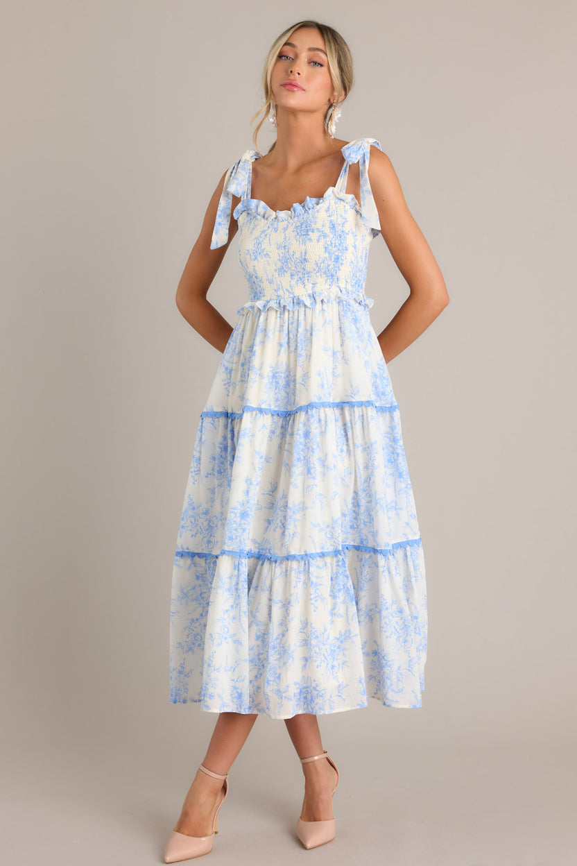 Blue Floral Tie Midi Dress