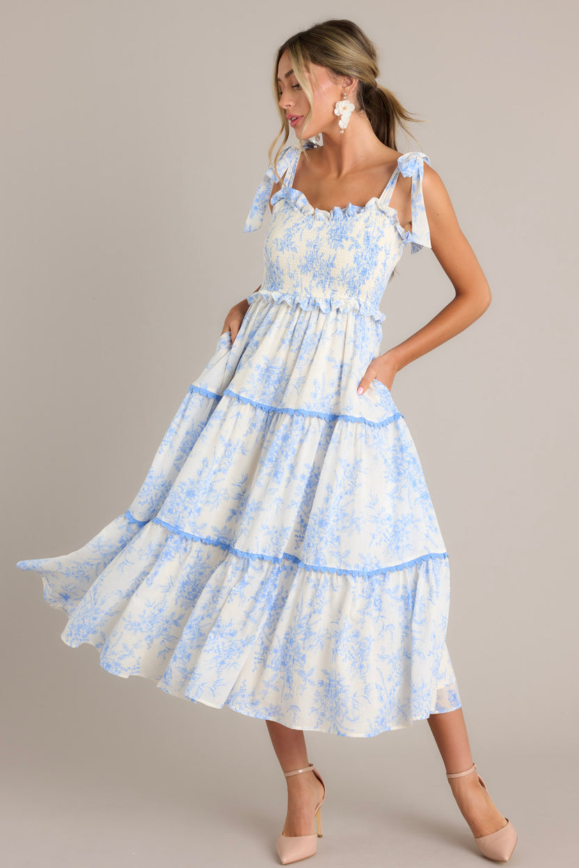 Light Blue Floral Tiered Midi Dress