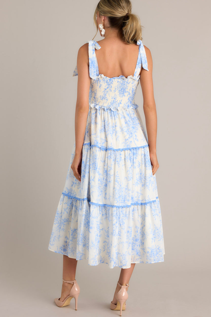Floral Print Midi Dress with Tie Shoulder Straps - Light Blue