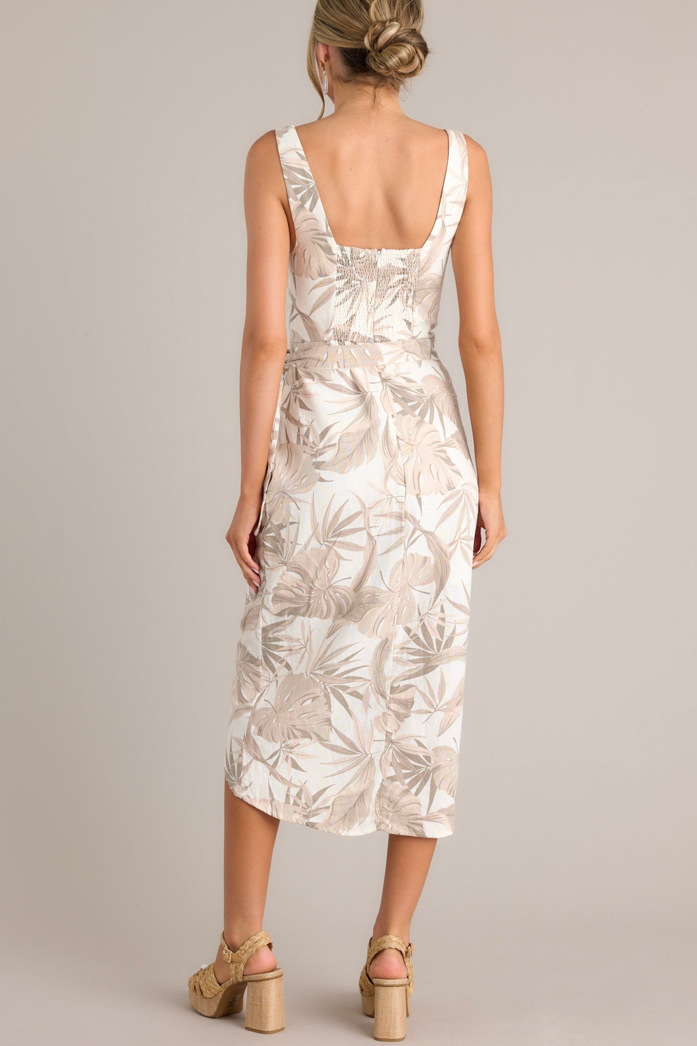 Taupe Tropical Print Smocked Front Tie Maxi Dress main image 0