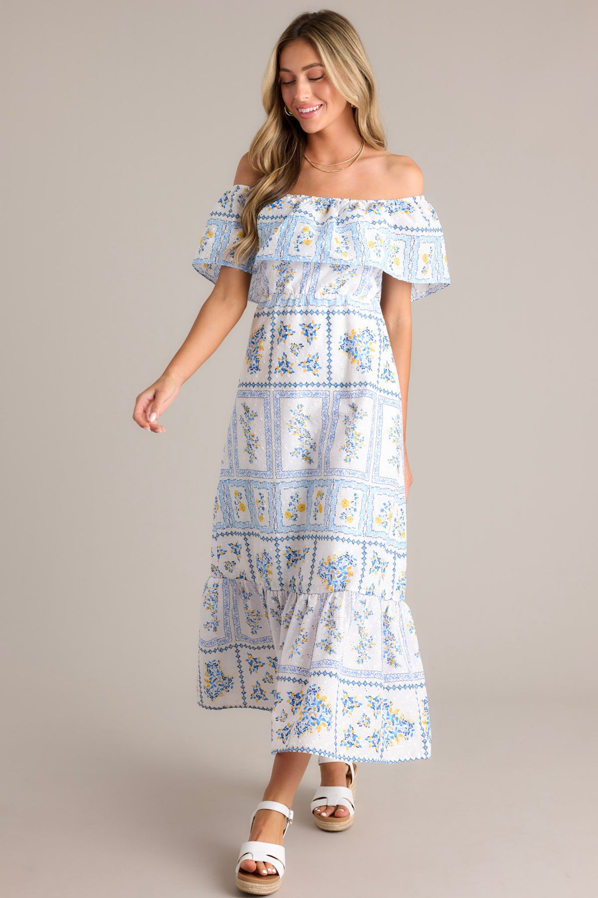 White & Blue Embroidered Maxi Dress