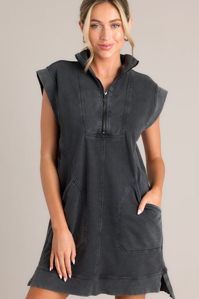 100% Cotton Charcoal Zip Front Mini Dress - All Dresses | Red Dress