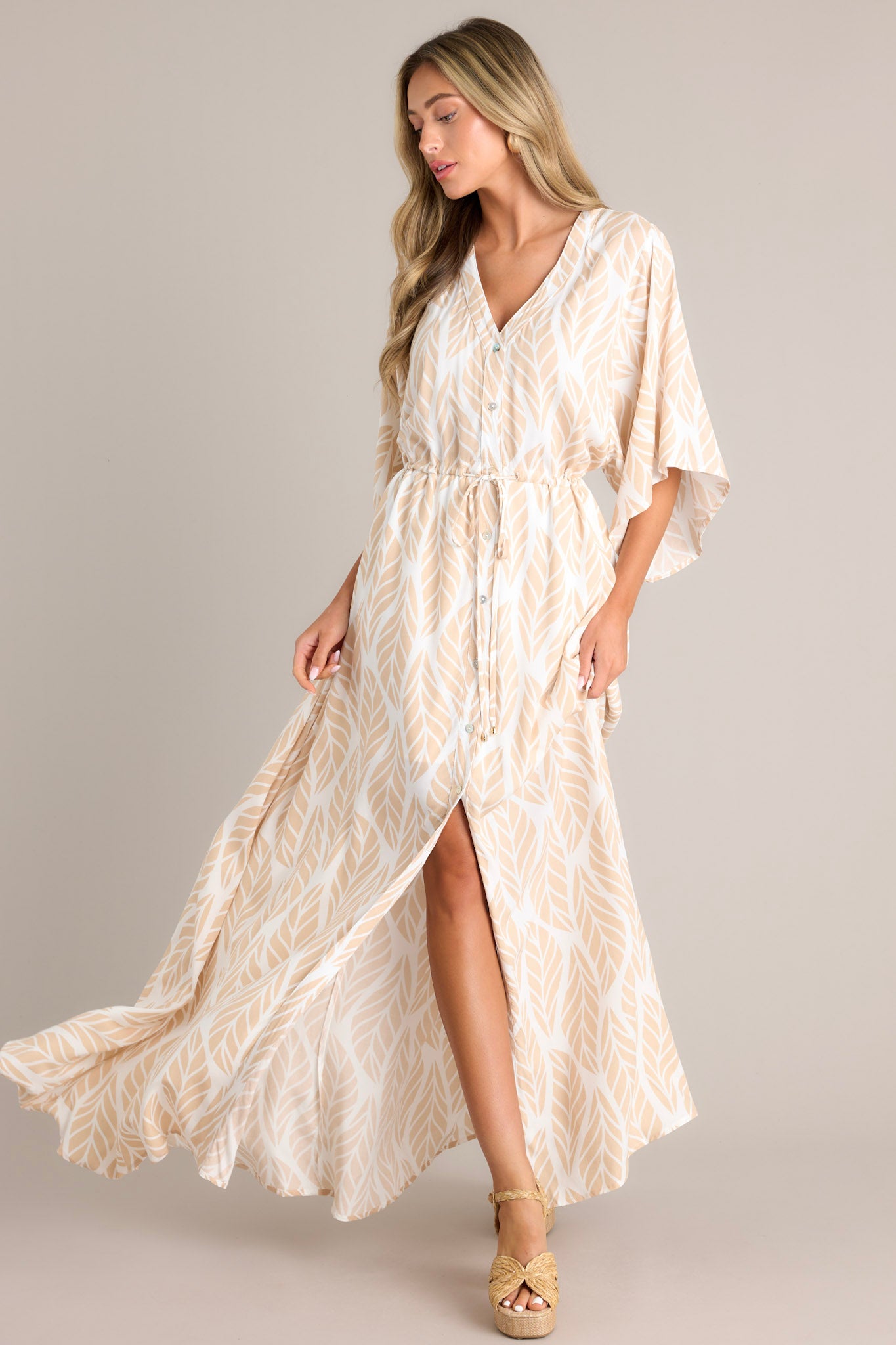 Beige Tropical Print Button Front Maxi Dress - All Dresses | Red Dress Beige Tropical Print Button Front Maxi Dress - All Dresses | Red Dress