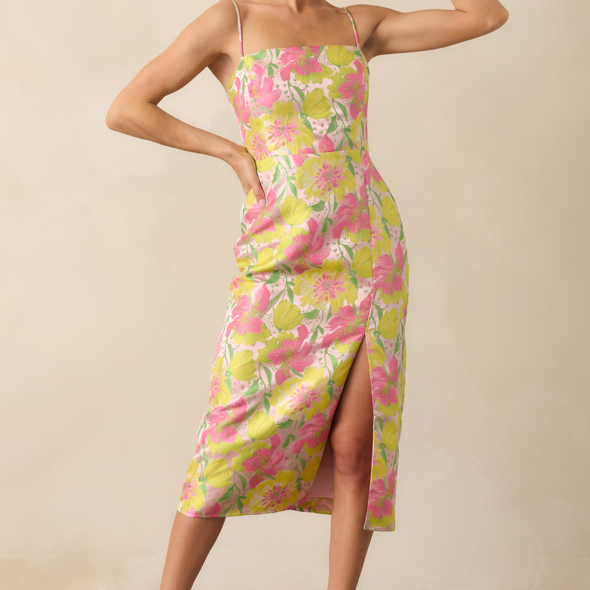 Light Pink Floral Print Jacquard Dress - Midi Dresses | Red Dress