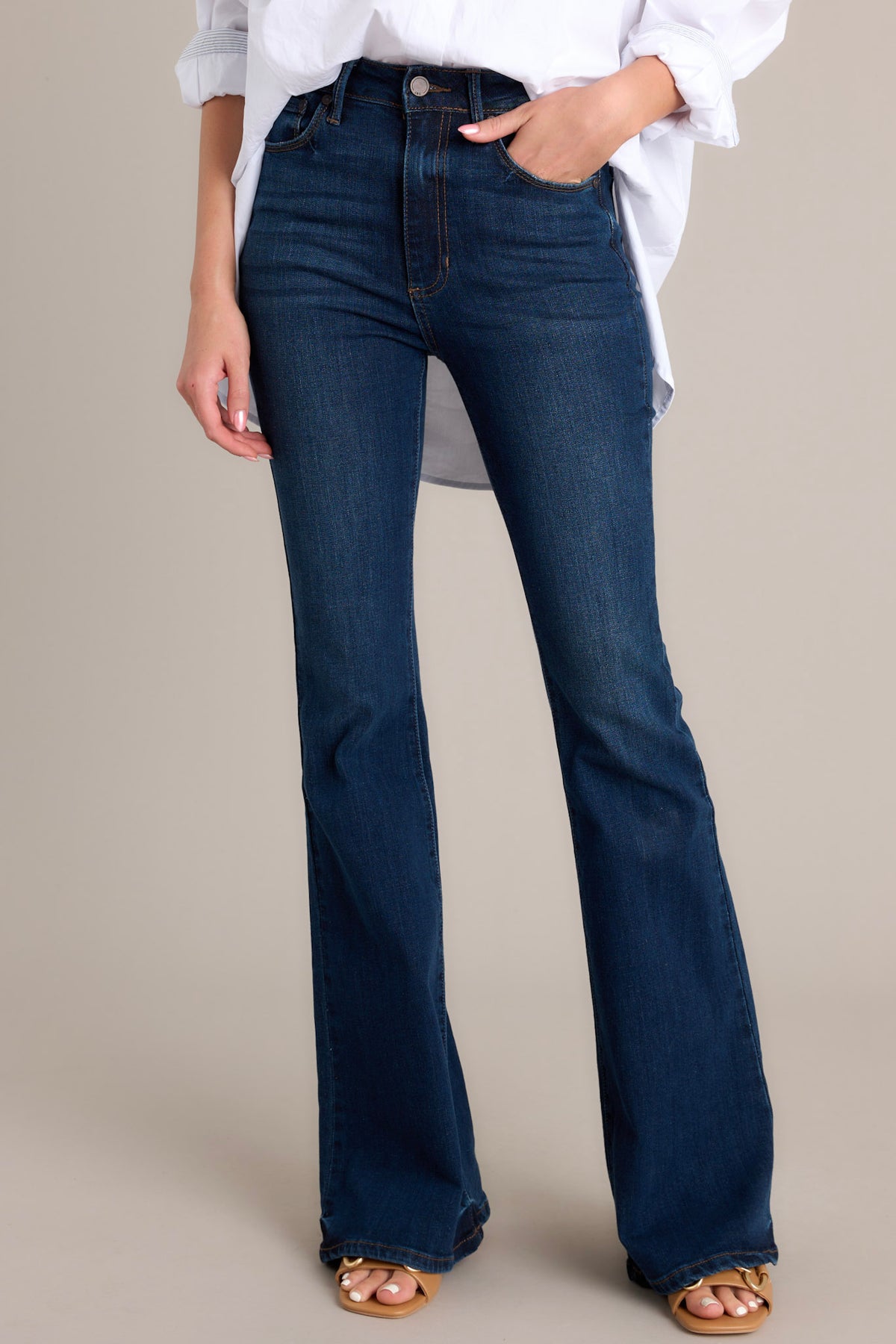 Mid Rised Flared Jeans Mid Rise Dark Wash Flare Jeans - All Denim | Red Dress