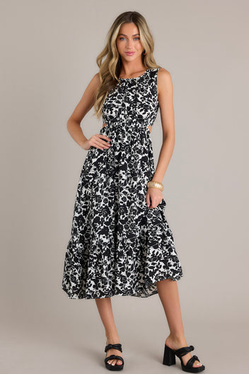 Black Floral Cutout Midi Dress